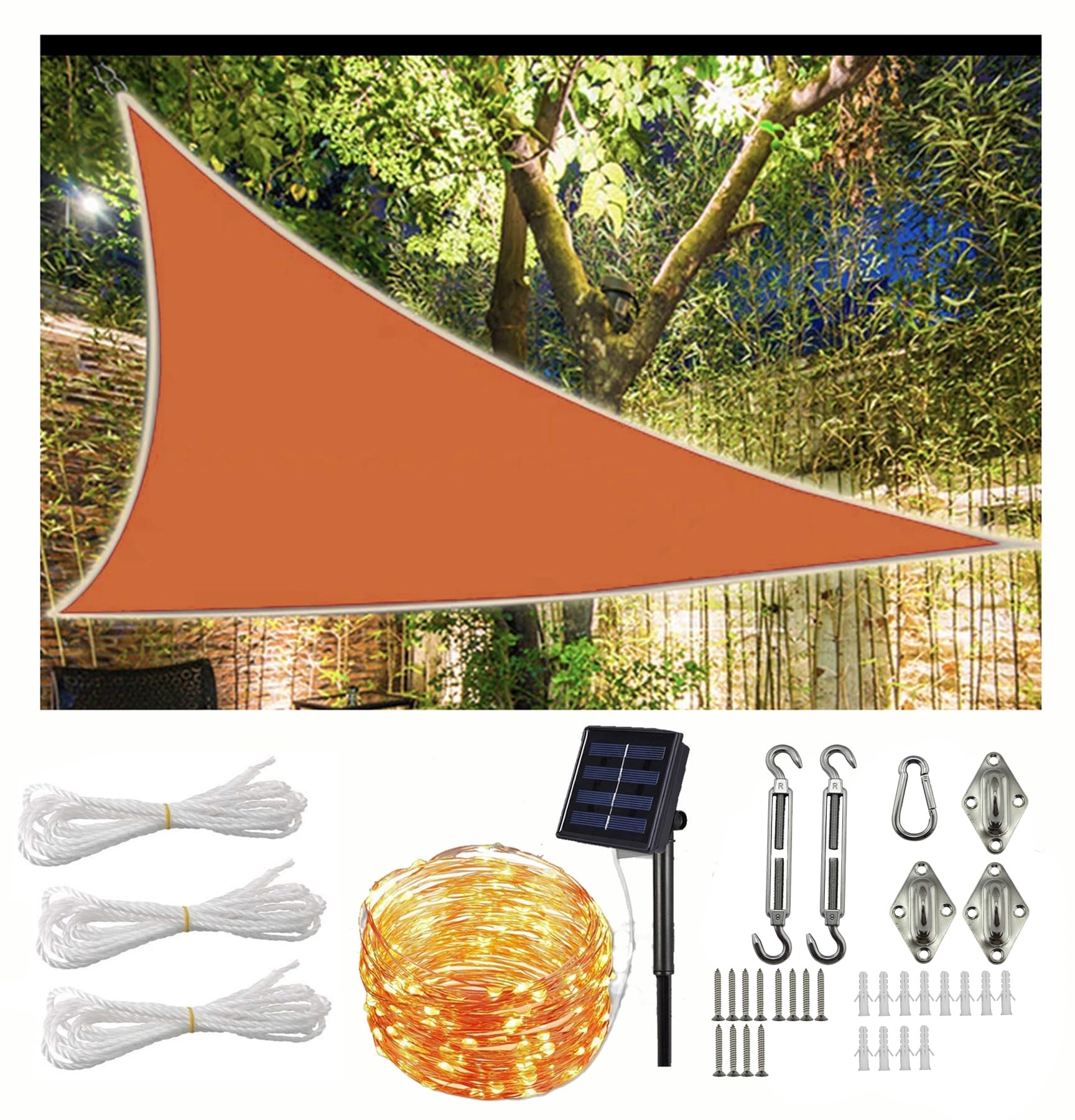 AdeptT Sonnensegel mit Solarleuchten, Sonnenschutz-Markisendach, wasserdichte Sonnensegel, 95% UV-Block, mit Befestigungen, für draußen, Garten,