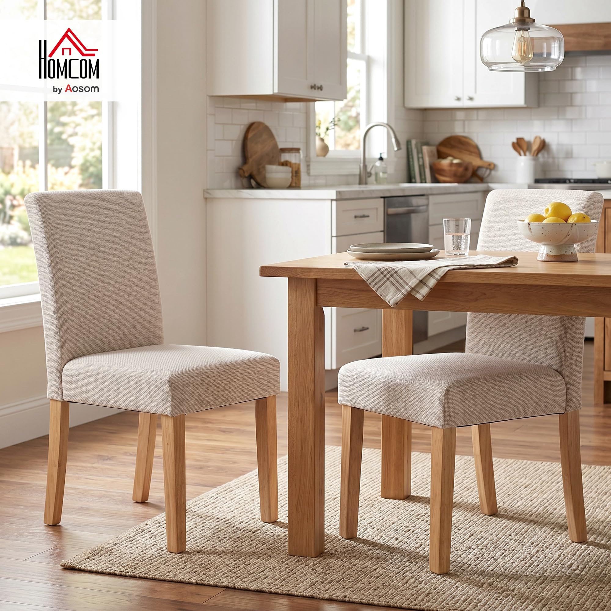 HOMCOM Esszimmerstühle 2er Set Rückenlehne Leinenoptik Essstuhl Cremeweiß | Küchenstuhl, Moderner Polsterstuhl, Kautschukholzbeinen, für Esstisch, Wohnzimmer, Esszimmer