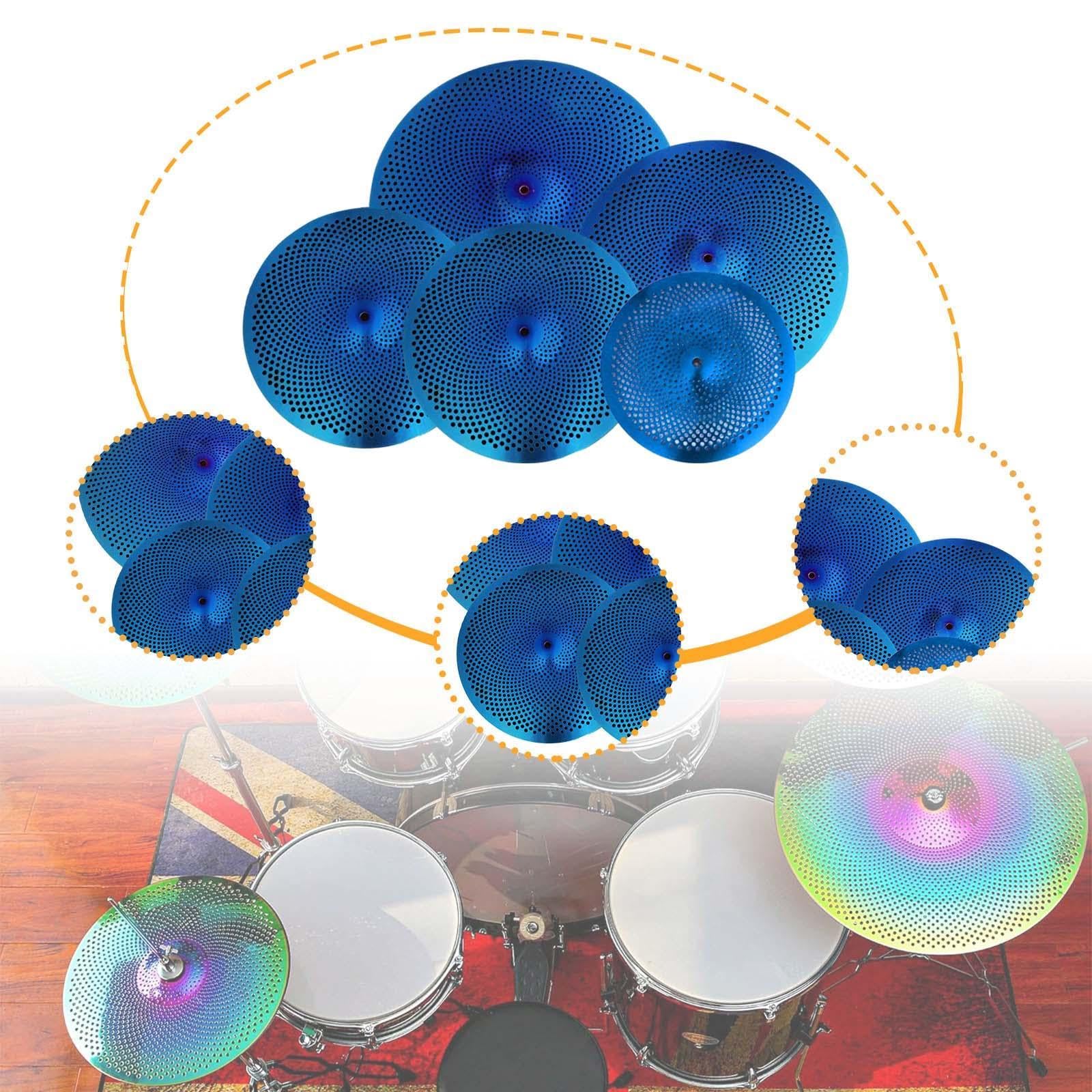 DYNWAVE 5 Pieces Low Volume Cymbals Set Drummer Practicing Beginners Gift Drum Accessories Mute Cymbal Set for Bedroom Rehearsal Room, Blue