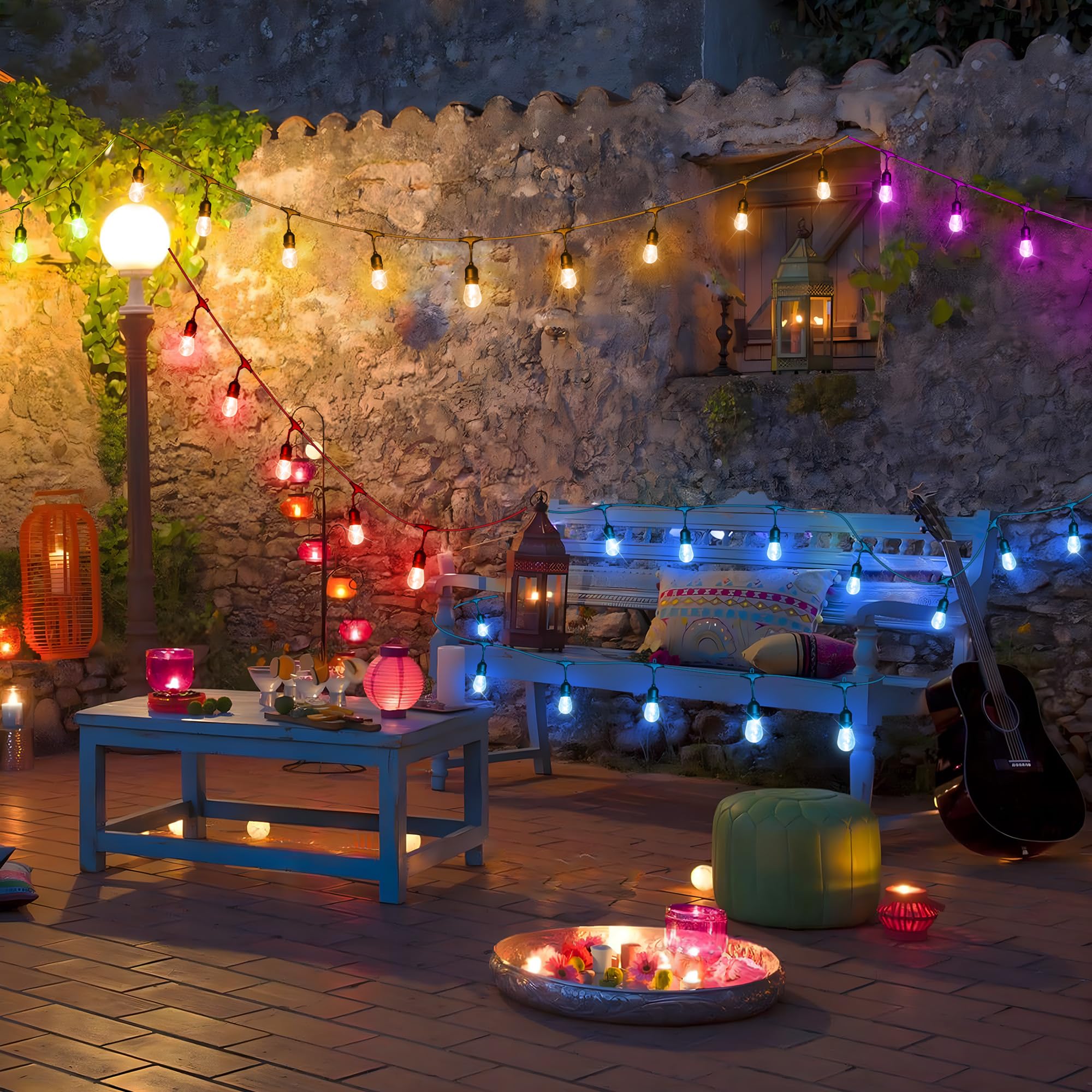 Larkvue Guirnalda de luces solares RGB para exteriores de 50 pies con control remoto, luces de patio impermeables regulables con 15 bombillas LED inastillables Edison para patio trasero, color negro