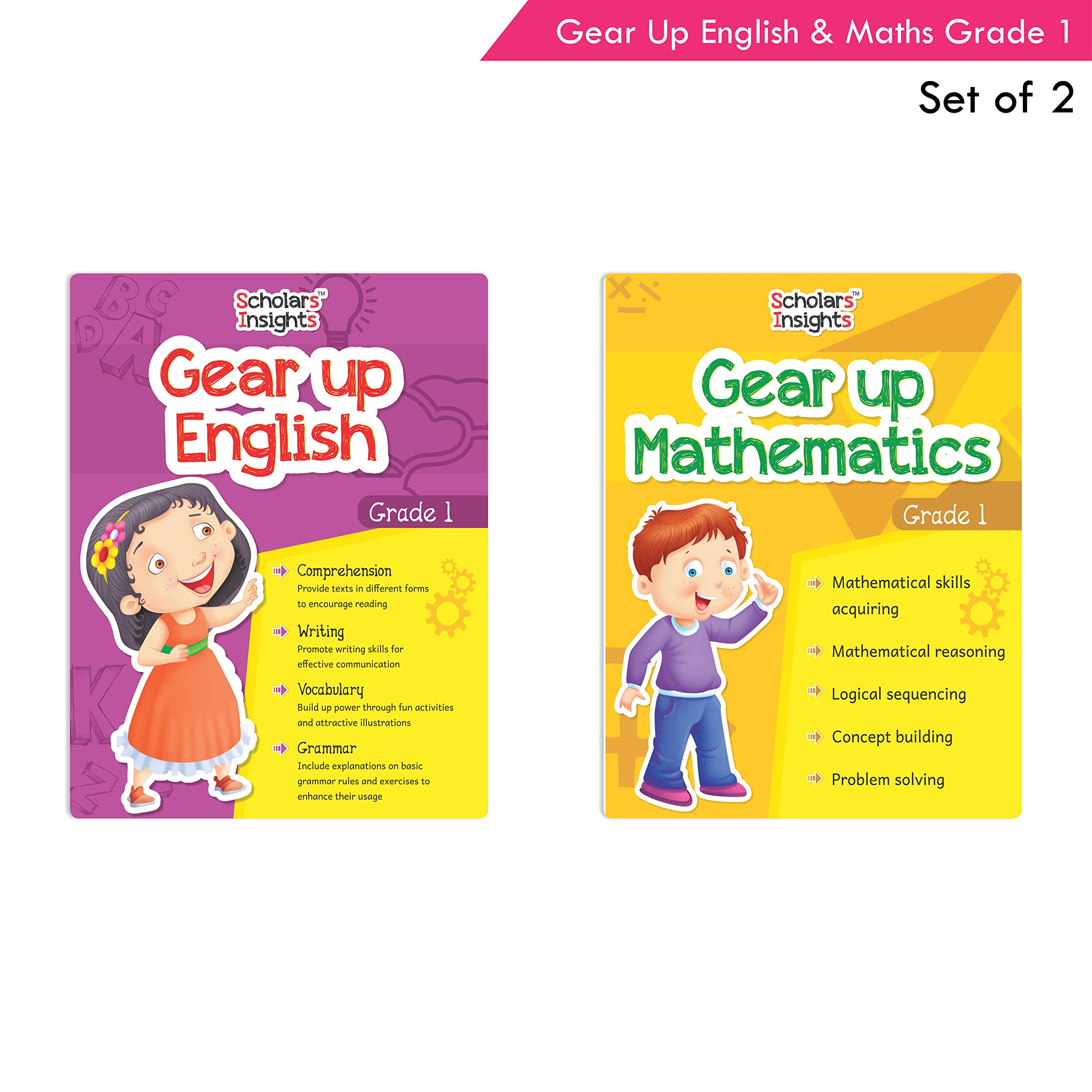 Scholars Insights Gear Up English & Maths Workbook Grade 1 (Set of 2) | Comprehension, Vocabulary & Grammar (Punctuation, Verbs, Pronouns) | Addition, Subtraction, Place Value etc| Age 6-7 year