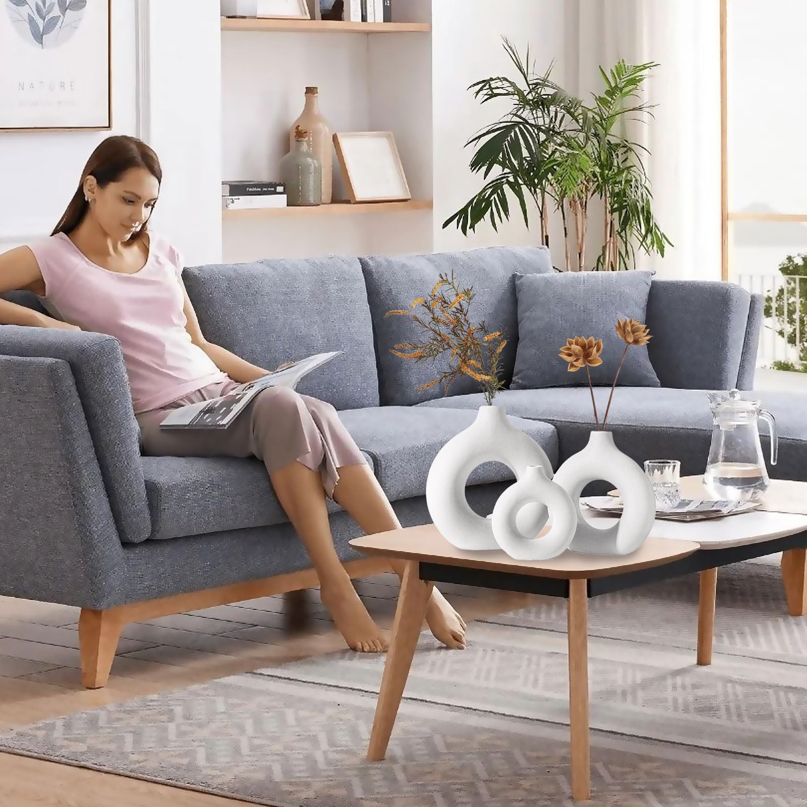 Set aus 3 Vasen Set - Vase Keramik Vasen Deko ohne Blumen, Blumenvase Weiß Deko Aesthetic für Deko Wohnzimmer, Zimmer Deko, Büro Deko und Deko Schlafzimmer