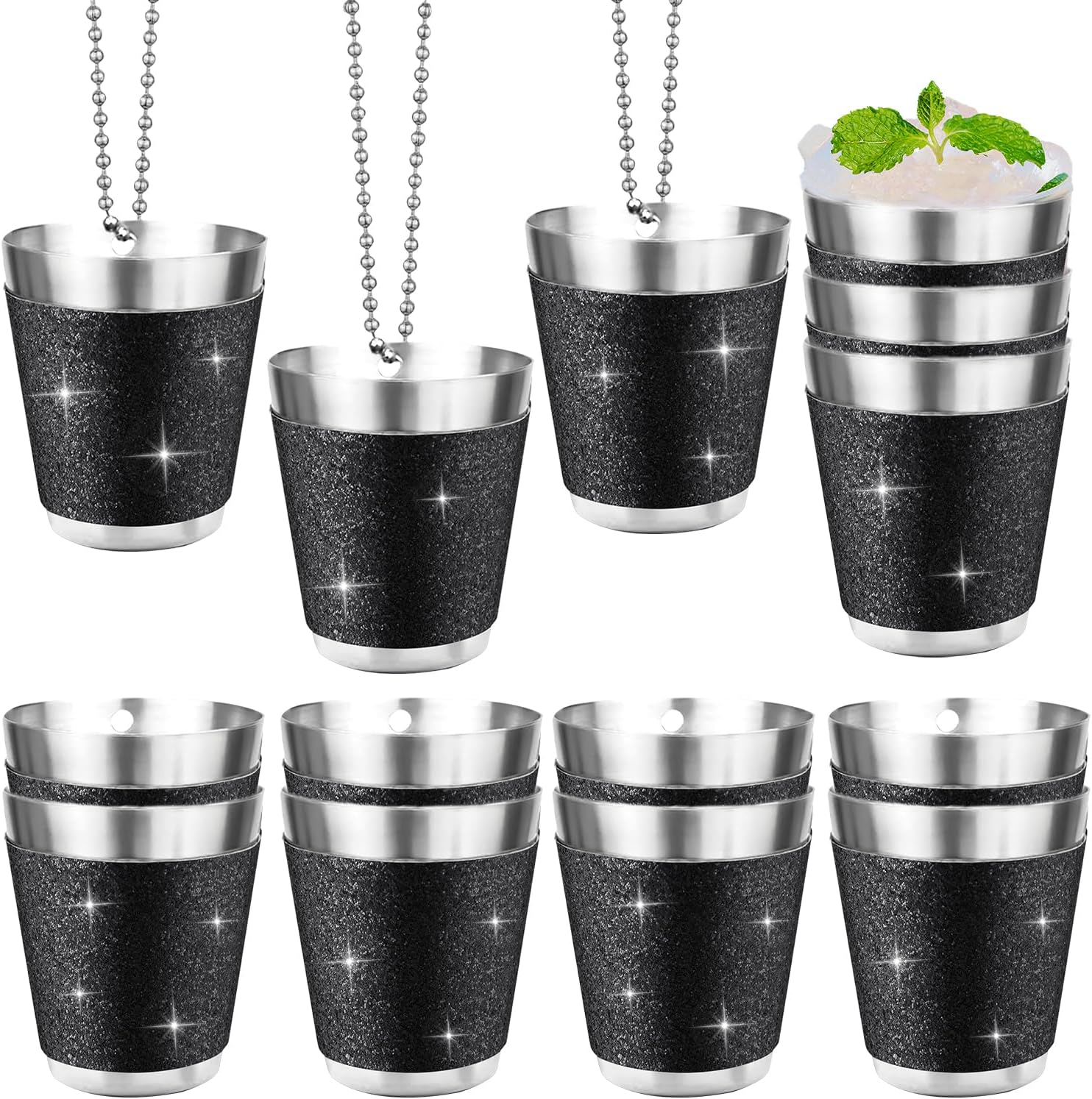 Stainless Steel Shot Glass Necklaces 1 oz/30 ml Bling Bling Shot Glasses with Chains Mini Shot Glass Cups for Wedding Dance Party Christmas Carnival Wine Tasting Party (Gold, 30 Pcs)