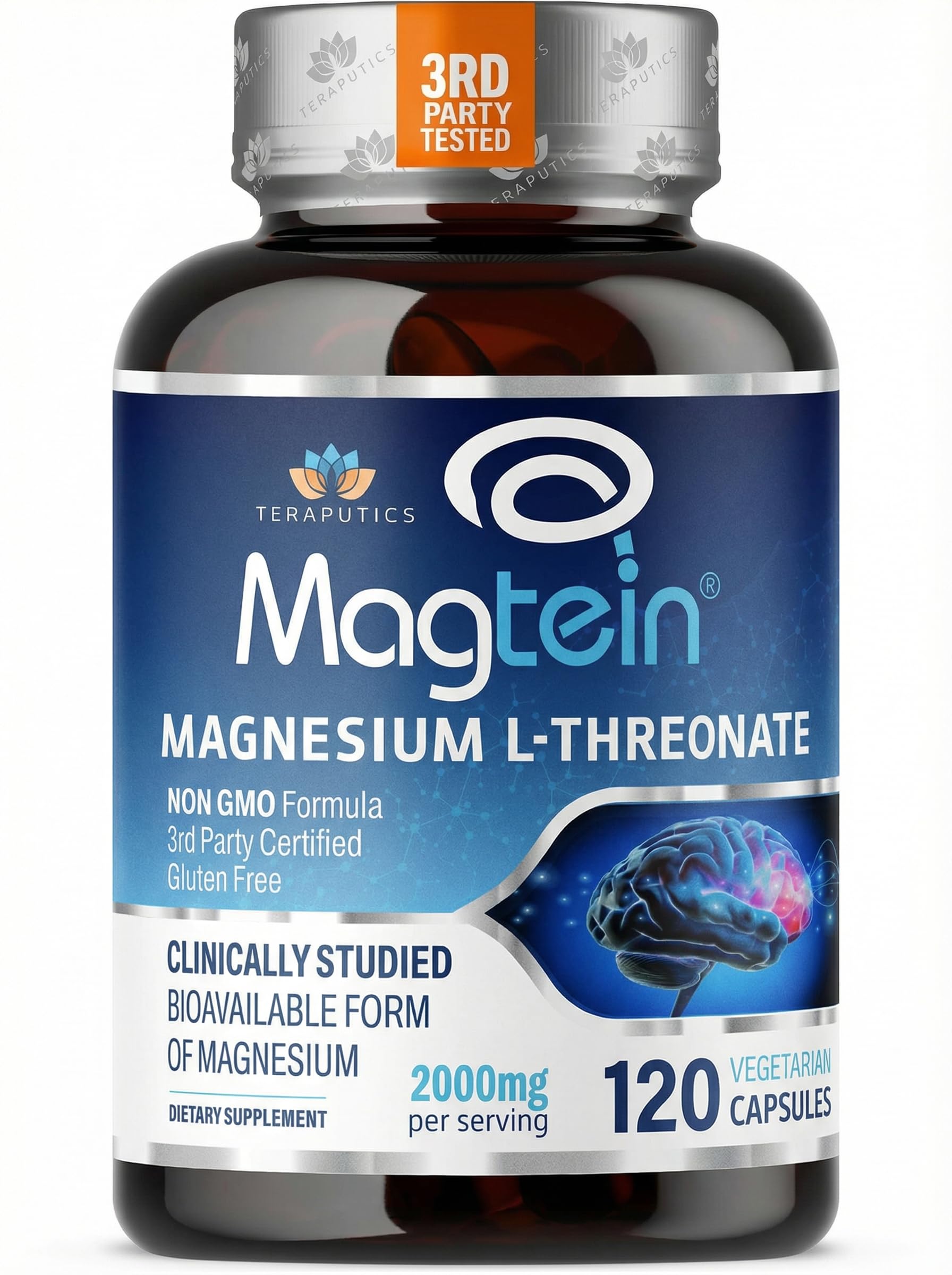 Magnesium L Threonate, Magtein, Brain Supplement for Memory, Focus, Sleep and Cognitive Support, High Absorption Magnesium L-Threonate, Non-GMO, No Laxative Effect – 2,000 mg, 120 Vegan Capsules