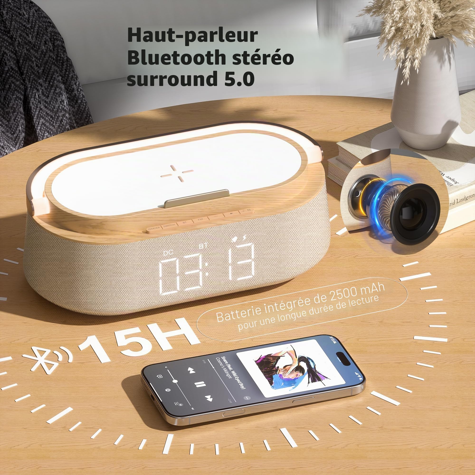 COLSUR Radio Reveil Digital avec Chargement sans Fil, Multifonctionnel Radio FM avec Port de Chargement USB, Réveil Matin Enceinte Bluetooth, Affichage LED, Lampe Cadeau Homme Femme