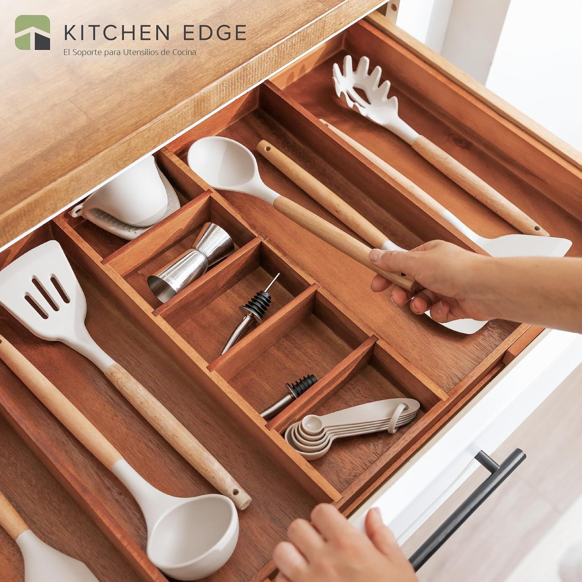 KitchenEdge Adjustable Kitchen Drawer Organiser for Utensils and Junk, Expandable to 33 Inches Wide, 9 Compartments, 100% Bamboo