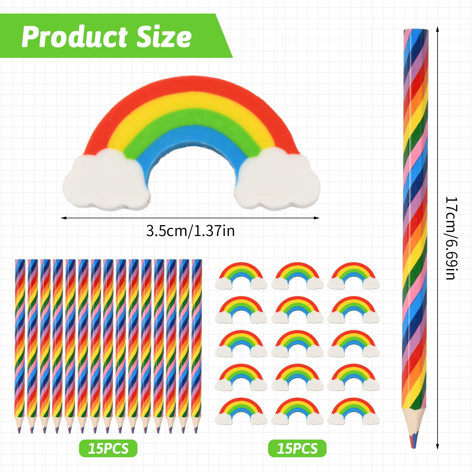 15 szt. tęczowych kredek i 15 plastikowych gumek gumowych