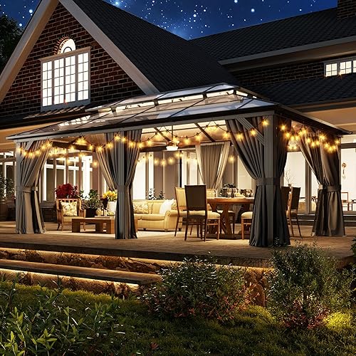 Vista 126 de Aoxun - Gazebo con techo rígido para jardines, patios con cemento o césped, pabellón permanente de policarbonato con doble techo, marco de aluminio