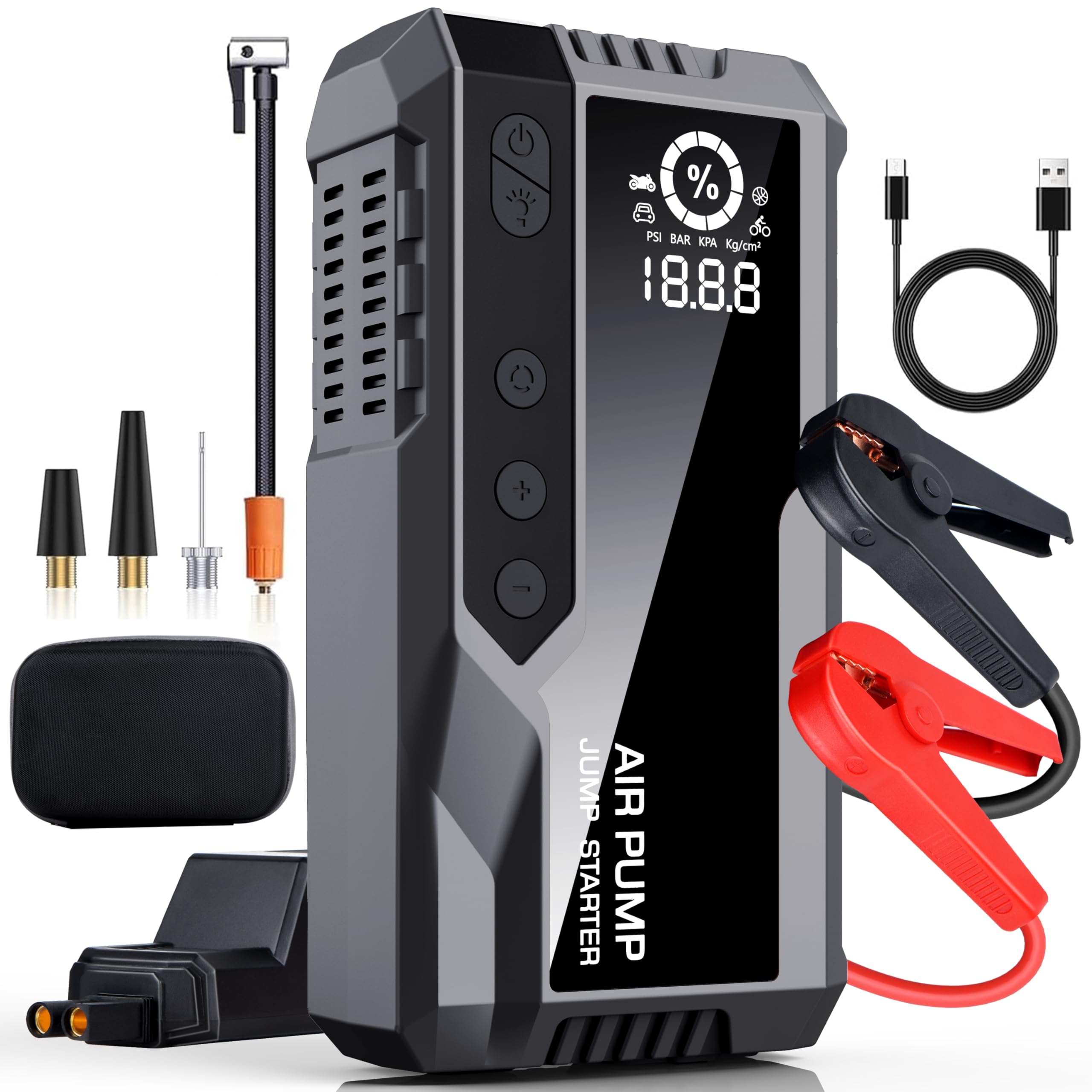4000A Portable Car Jump Starter with Air Compressor, 150PSI Car Battery Jump Starter Battery Pack (12.0L Gas/12.0L Diesel), 12V Car Battery Jump Starter with Smart Jumper Cables, Lights, LCD Display