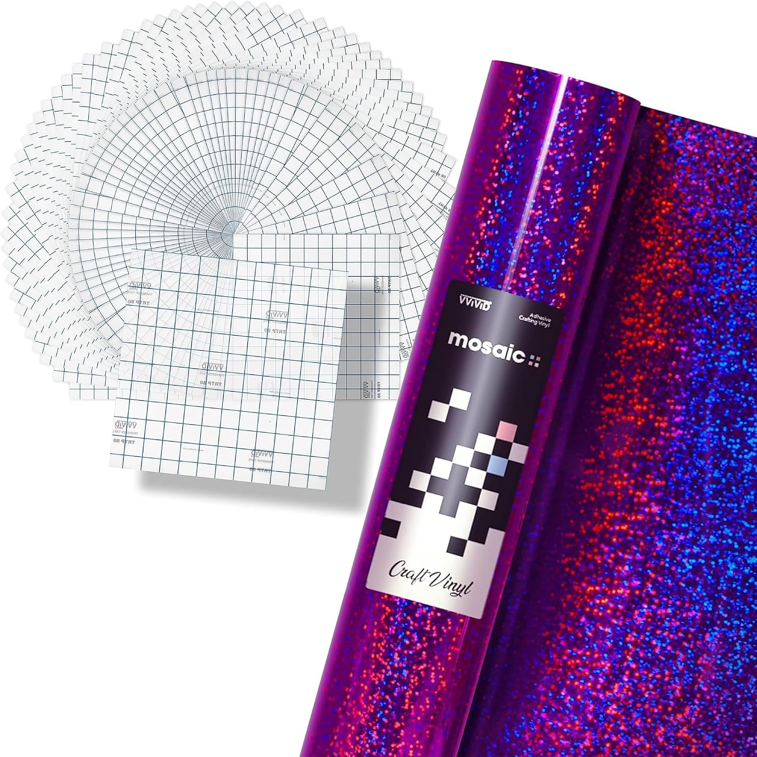VViViD Vinyl Transfer Tape Clear for Decals Medium Tack 50 Sheets (12" x 12") + Mosaic+ Craft Vinyl Purple Holographic Glitter (1ft x 5ft) Bundle - M0