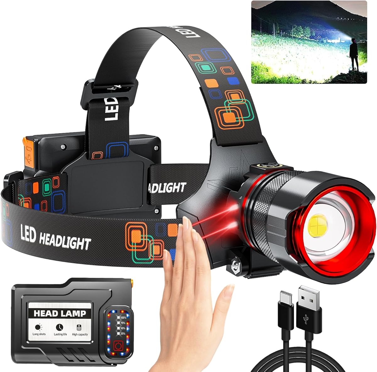 Rechargeable Headlamp 99000 High Lumens, Super Bright LED Head Lamp with Motion Sensor, 12 Modes, IPX7 Waterproof, 125° Adjustable, Zoomable Headlight for Adults, Camping, Cycling, Running