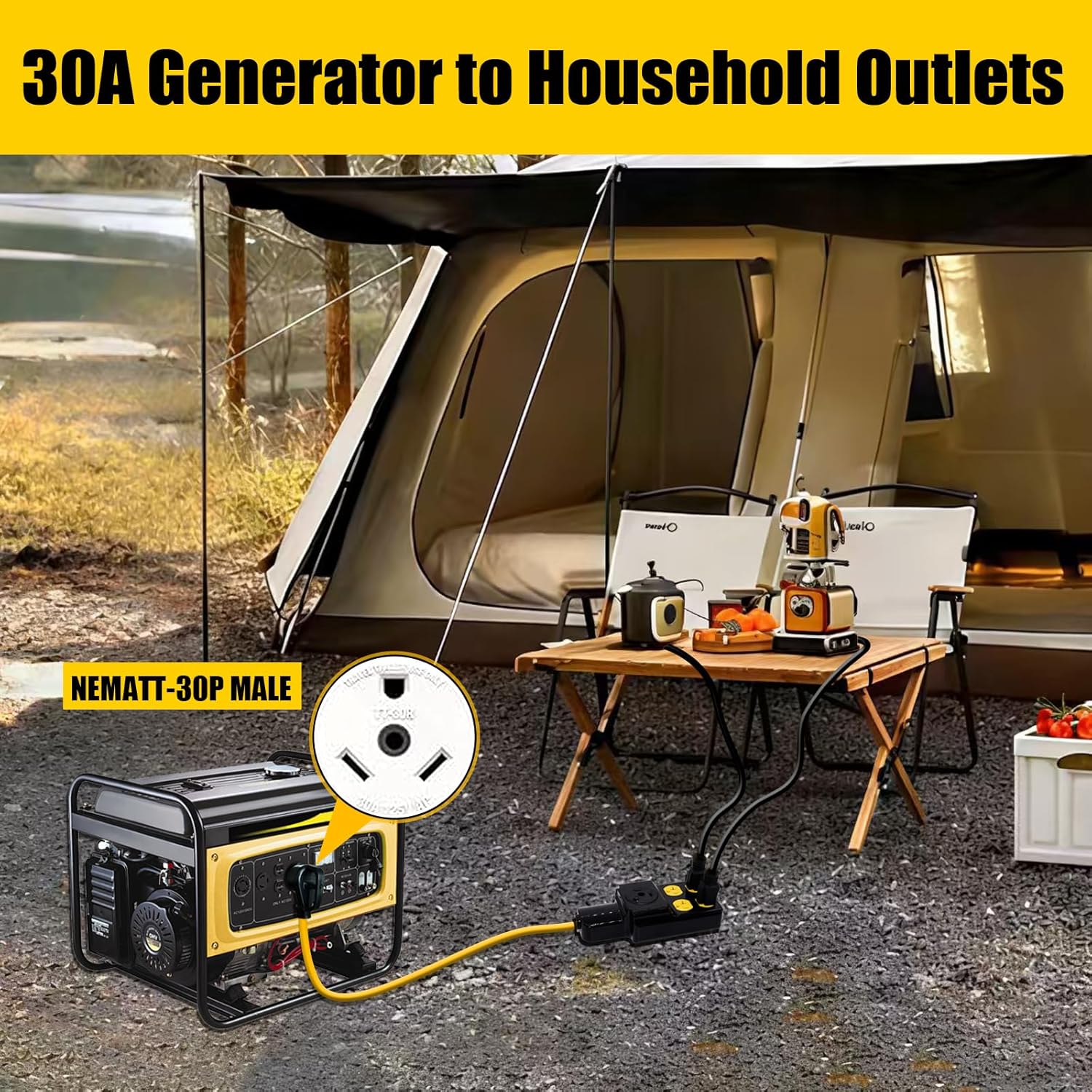 NEMA TT-30P to 4X 5-20R/5-15R&TT-30R Generator Adapter Extension Cord, 3 Prong 30 Amp to 110V,Twist Locking to 15 Amp/20 Amp Household Outlet, 125V 3750 Watts, ETL Listed (10FT)