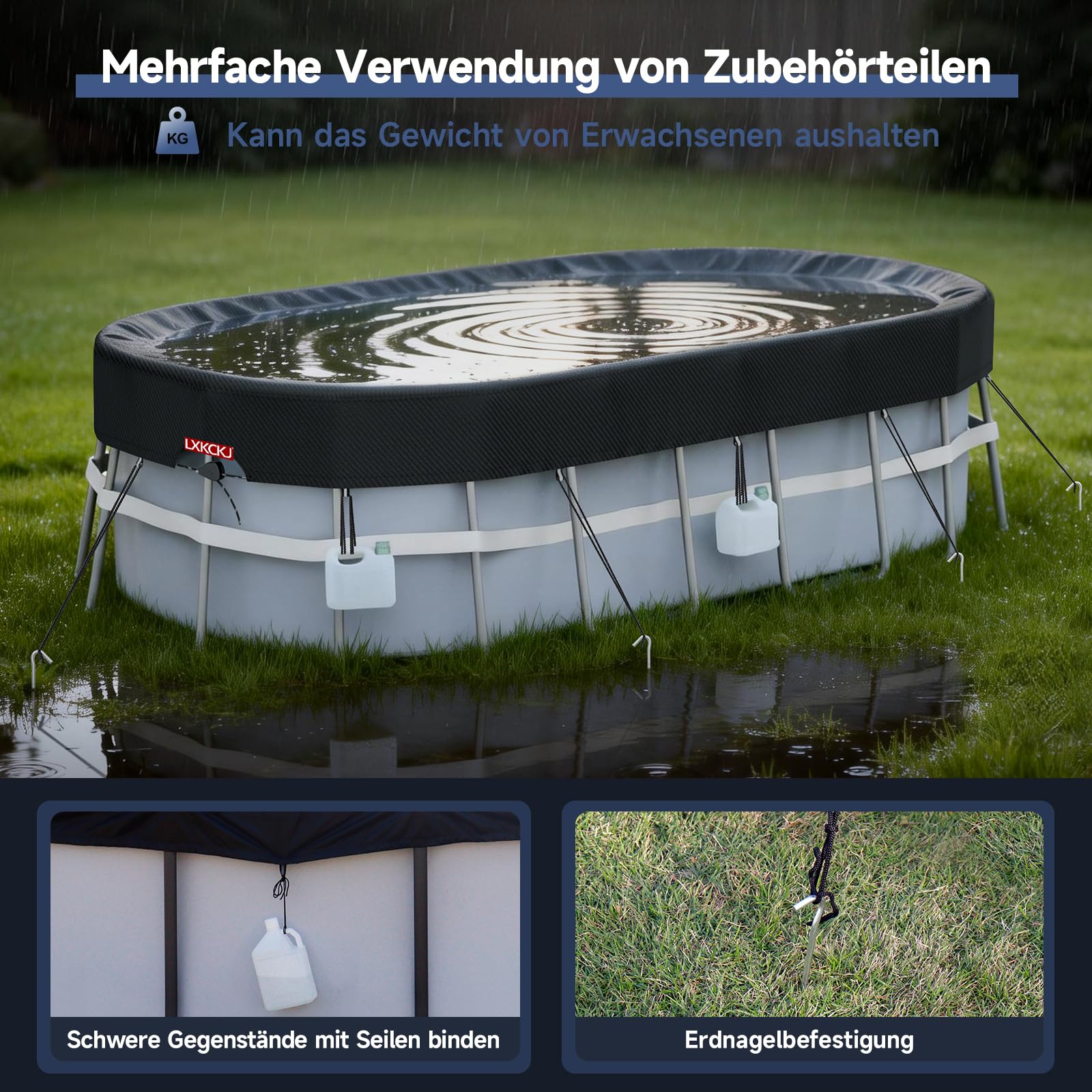 Poolabdeckung Rechteckig für 485x304 cm Pools | Pool Abdeckplane für oberirdisches Schwimmbad Inkl Bodennägel Zubehör + Seilspanner | Solarplane & Pool Winterabdeckung | 570x 365 cm Pool Abdeckung