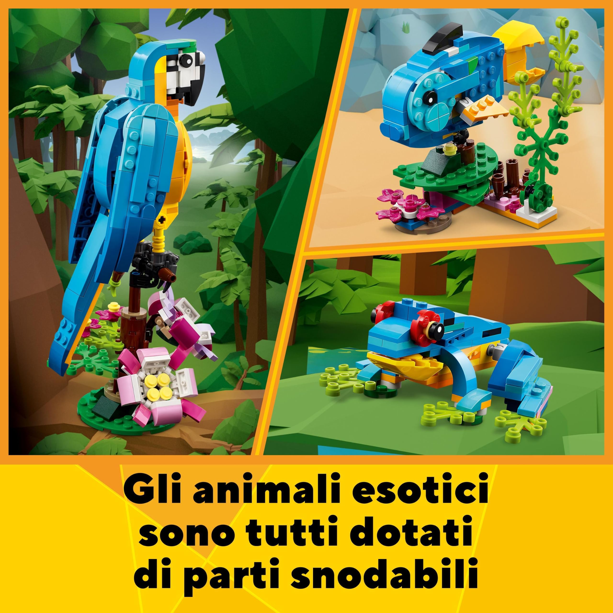 LEGO 31136 Creator Pappagallo Esotico, Set 3 in 1 con Pesce e Rana, Animali Giocattolo per Bambini da 7 Anni in su, Giochi Creativi con Figure della Giungla