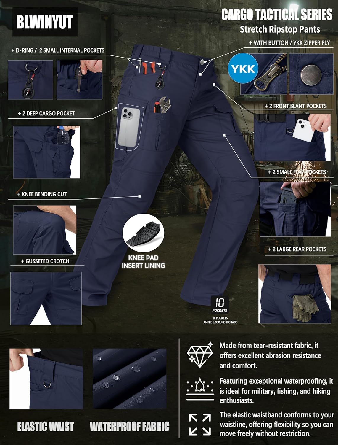 Men's Tactical Pants Water Resistant Stretch Ripstop Cargo Pants Lightweight Outdoor EDC Work Hiking Pants