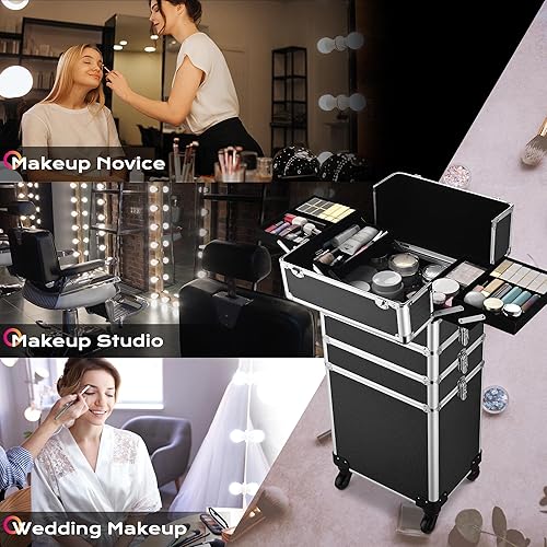 Miniatura 2 de BYOOTIQUE - Estuche de maquillaje clásico con ruedas negras 4 en 1 con cerradura para cosméticos carro con cerradura para artista maquillaje viaje