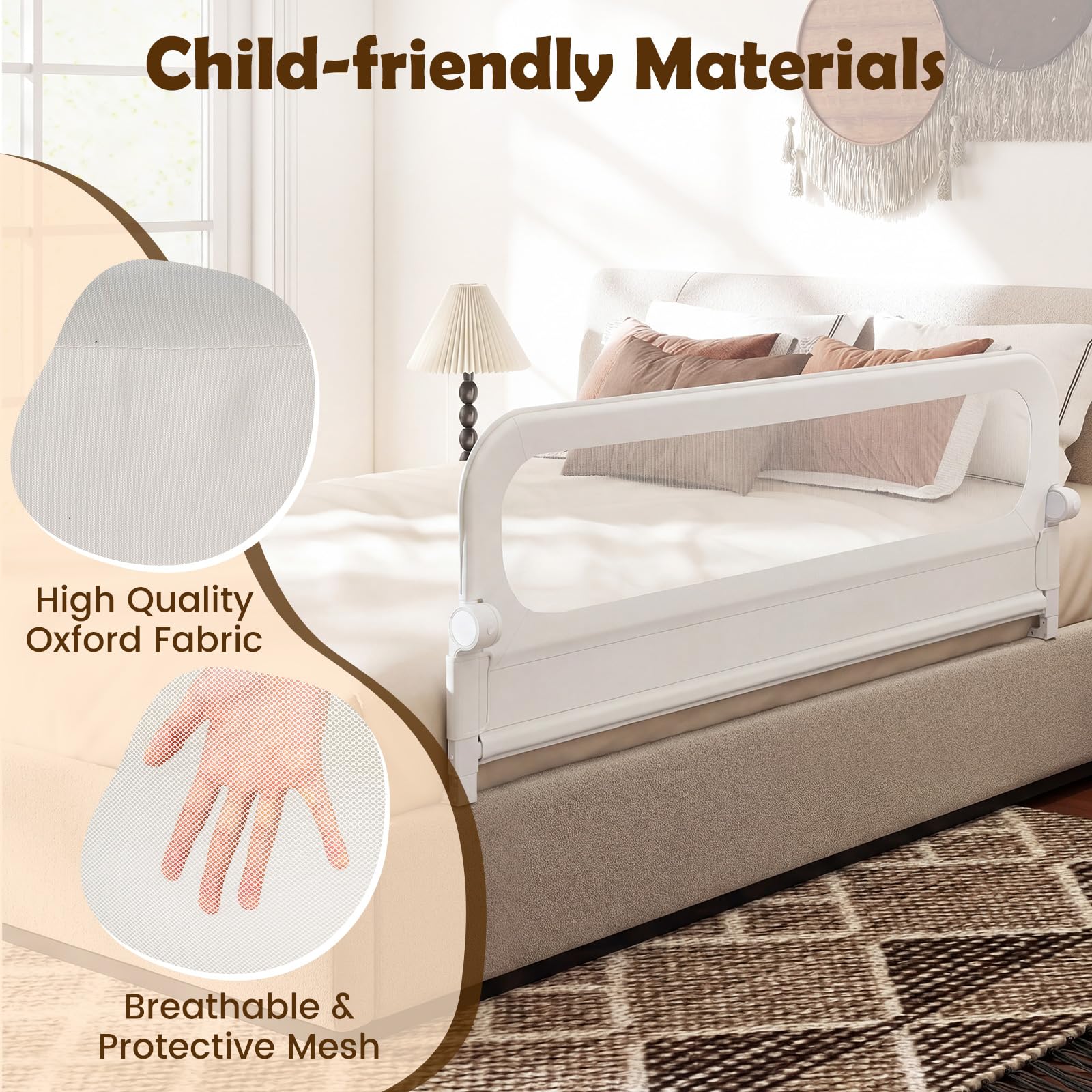 FANTASK Bettgitter klappbar, Kinderschutzgitter mit U-förmigem Gestell & Gurt, Bettschutzgitter mit abnehmbarem Oxford-Bezug, Rausfallschutz für Kinderbett Elternbett Boxspringbett (Weiß, 180 x 60 cm)