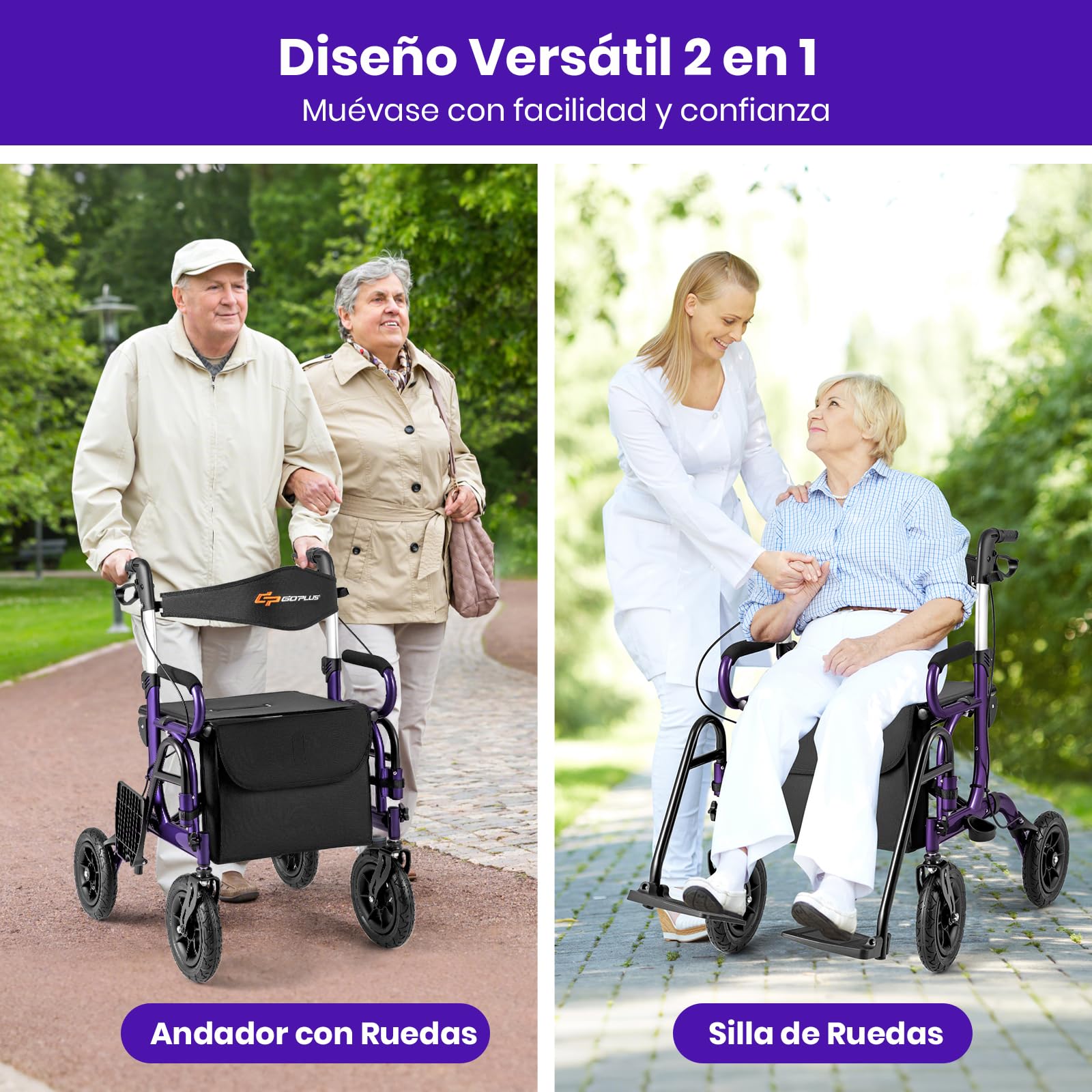 GOPLUS 2 en 1 Andador para Ancianos, Silla con Ruedas de Aluminio Ligero, Alturas Ajustables, Neumáticos para Todo Terreno, Caminadores para Mayores/Discapacitadas (Violeta)