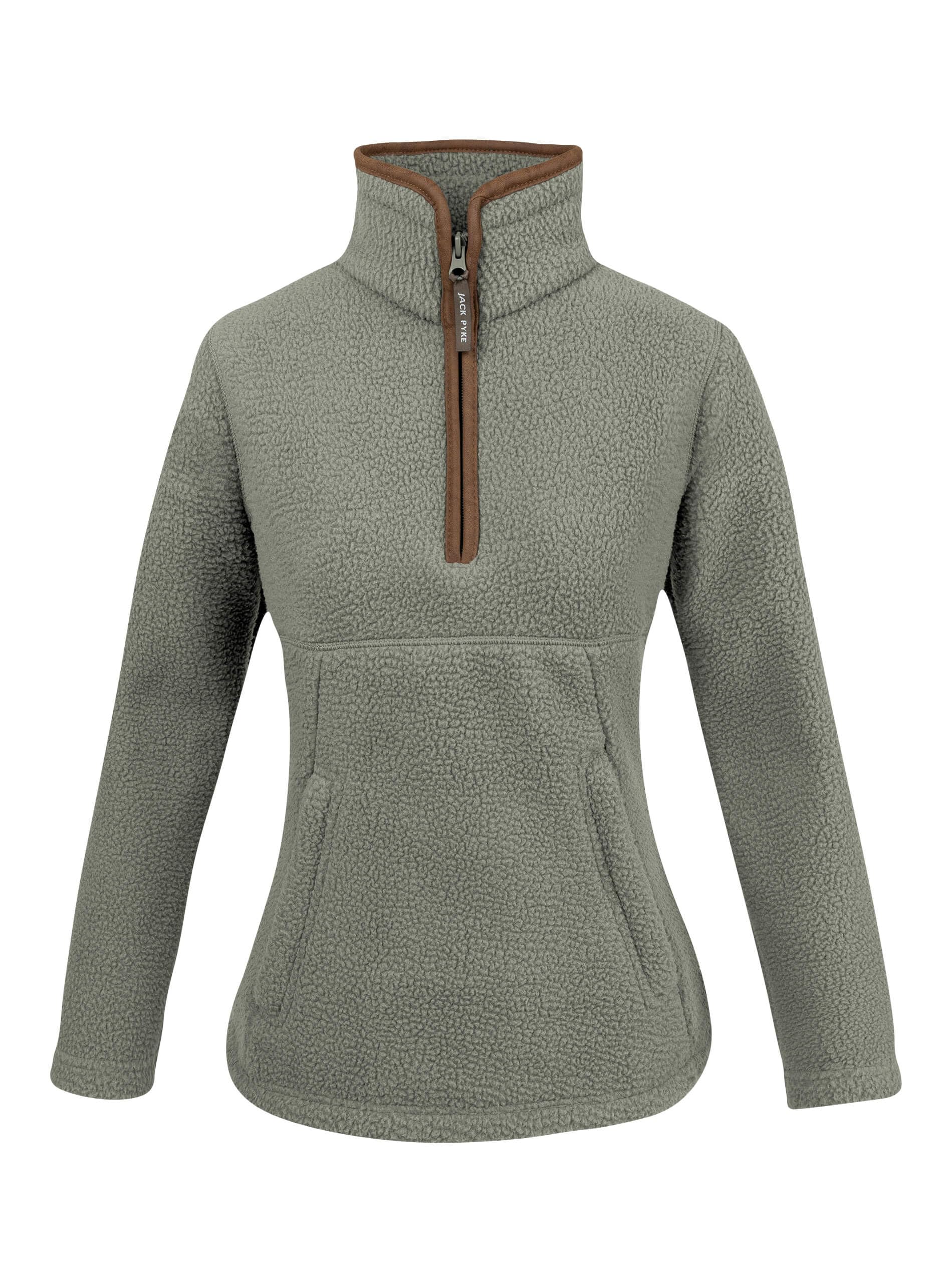 JACK PYKE Ladies Half Zip Sherpa Fleece Pullover - Deep Pile Warm Outdoor Jumper with Zipped Kangaroo Pocket and Drawstring Waist for Outdoor Walking and Daily Wear - Sage - M