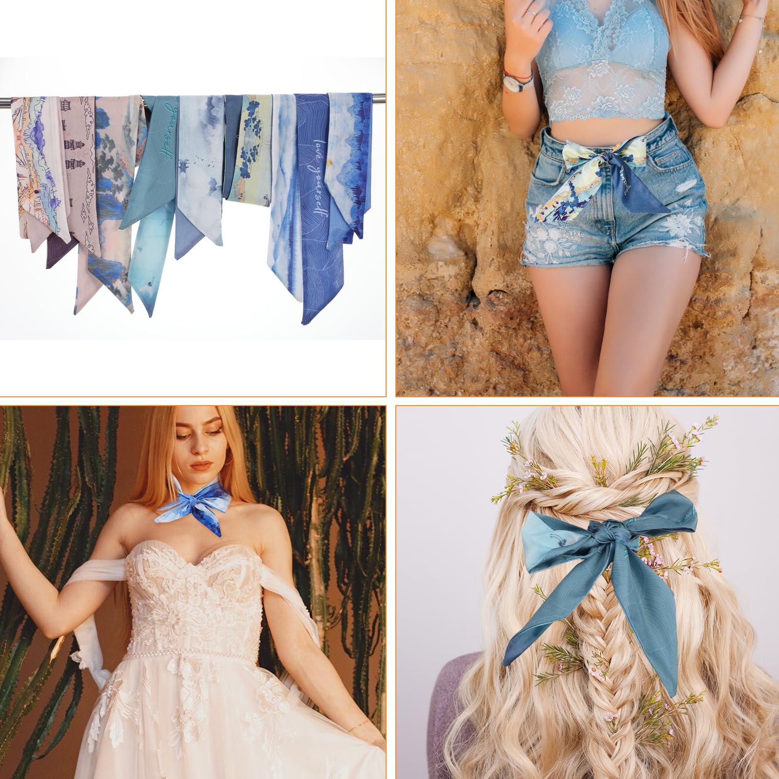 8 pañuelos de seda para mujer, pañuelos de seda para bolsos, pañuelos de seda coloridos y estrechos para atar el pelo, bolso de seda, toallas de pelo elegantes