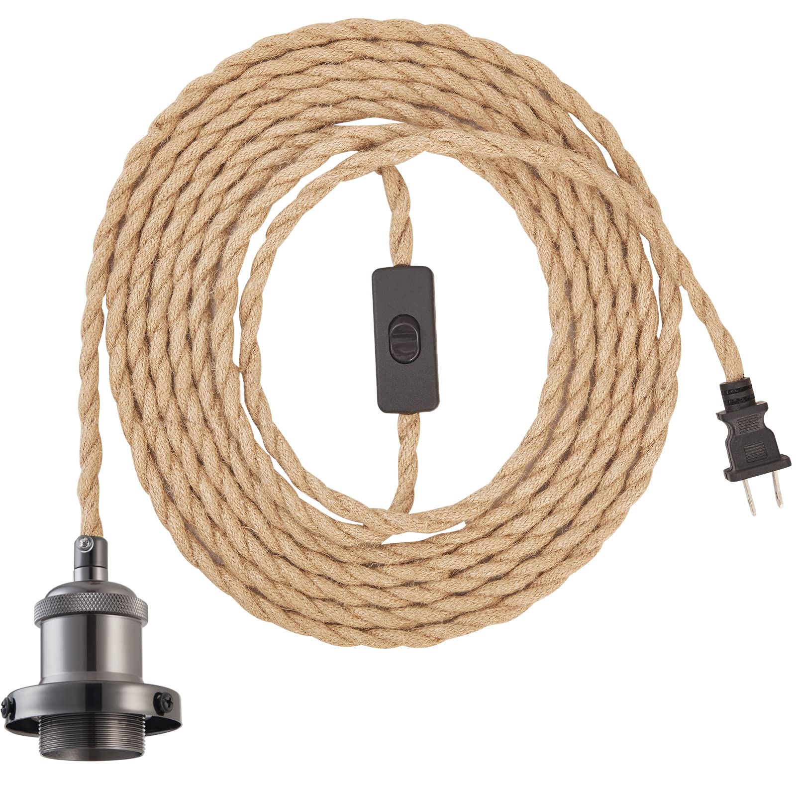 GNOLAK 15.4ft Pendant Light Cord Kit, Industrial Vintage Plug in E26 Socket Hanging Light with Switch, Hemp Rope Hanging Light Fixture for Pendant