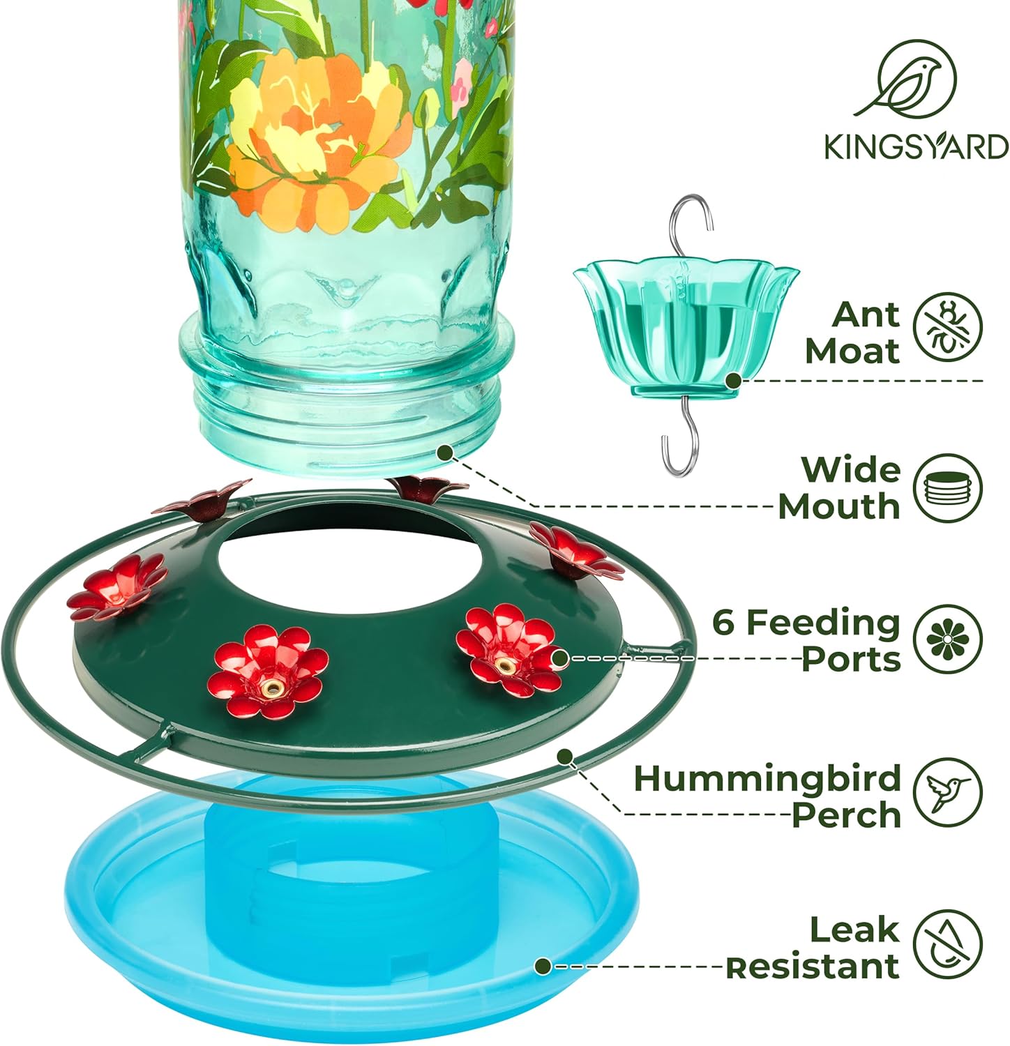 Kingsyard Hummingbird Feeder for Outdoor Hanging - Charming Patterned Glass Humming Bird Feeder with 6 Feeding Ports and Ant Moat, Ideal Gift Choice for Bird Lovers, Blue - Image 3