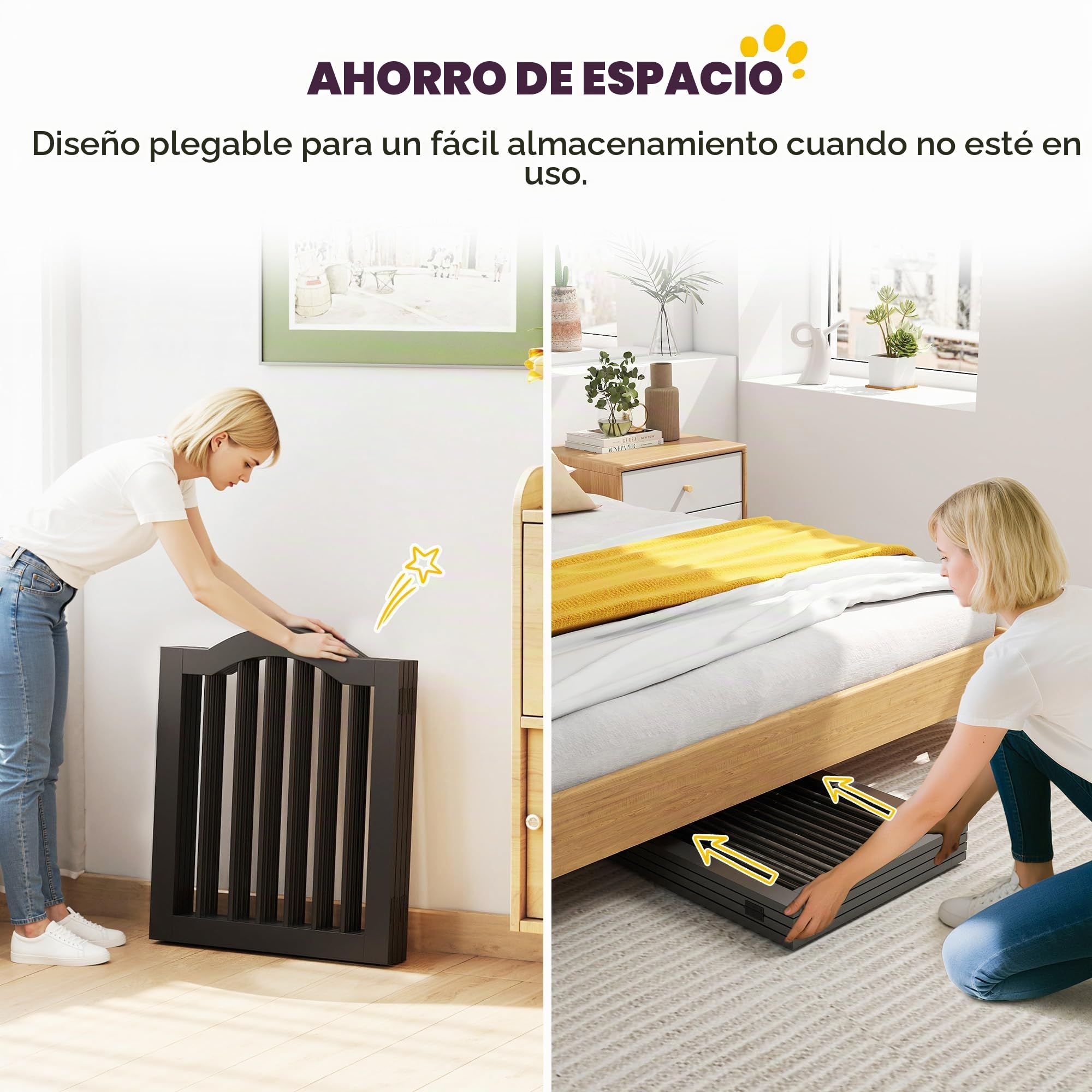 PawHut Valla Barrera Perro 4 Piezas, 208 x 61 cm Valla Plegable para Perros con Puerta, Valla Protectora de Puerta con 2 pies de Apoyo, Puerta de Escalera Independiente para Cocina, Pasillo, Negro | Rejilla para perros de 4 piezas con puerta, con 2 patas