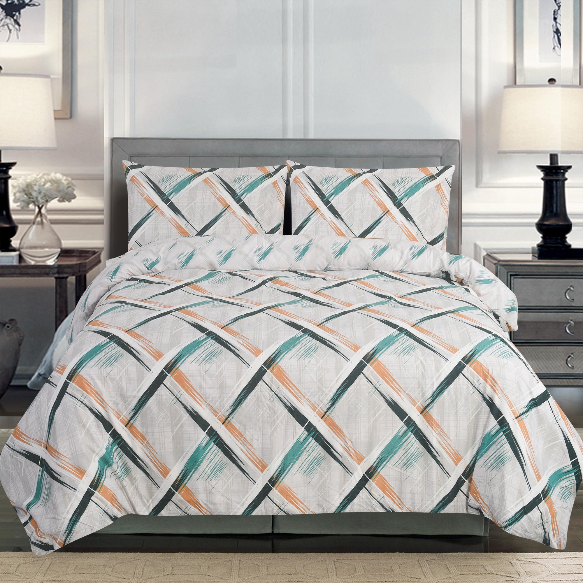 CHARKHAH 4 Piece Reversible Printed Bedding Set Includes 1 Duvet Cover, 1 Deep Fitted Sheet & 2 Pillowcases – Soft Microfibre Easy Care Quilt Cover Set for All Seasons (URBAN-GRID, Double) — image 1