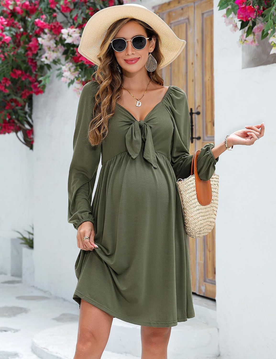 Maternity Dresses for Baby Shower Women's Knotted V Neck Knee Length Wrap Baby Shower Dress
