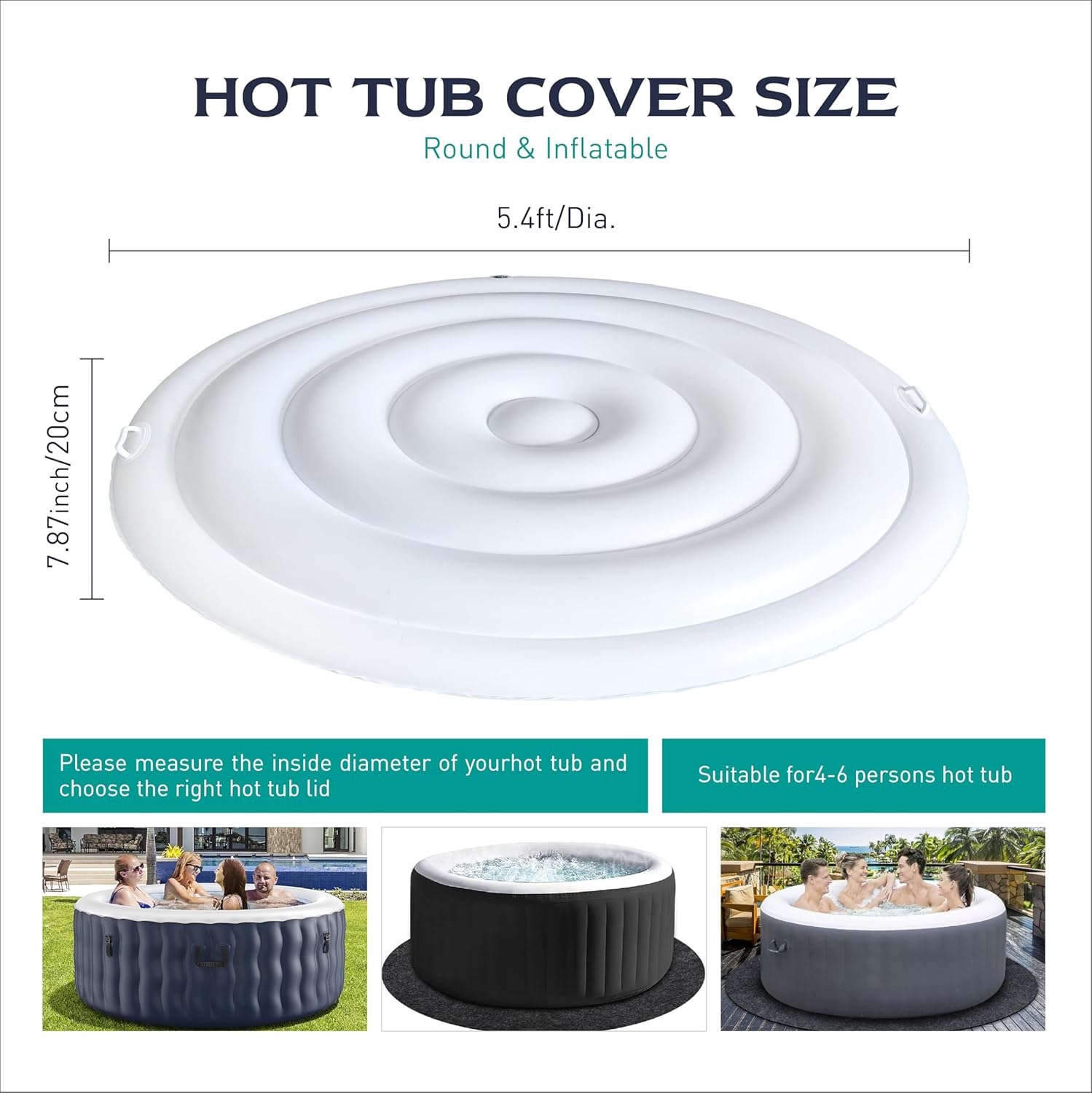 5.4 Ft Inflatable Hot Tub Cover with Handle, Insulated Hot Tub Lid for Outdoor Inflatable Round Hot Tub, Portable Hot Tub Cover Protector Save Energy Protecting Tubs from Wind Rain Debris and Dust