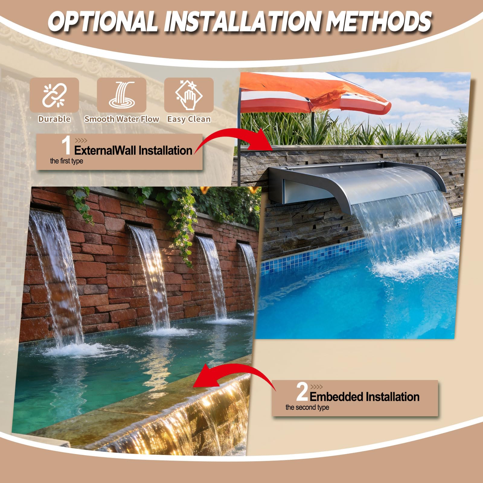 Fontana da salto per piscina, troppopieno cascata per laghetti coetanei, 90 cm, in acrilico trasparente per piscine, laghetti da giardino, terrazze e come decorazione per vasche idromassaggio