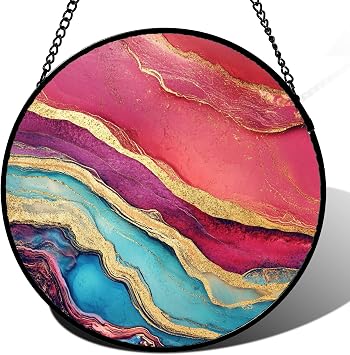 Stained Glass Window Hanging Abstract Red Gold Large 15" - Suncatcher Door Garden Sunroom Sun Catcher Decor Housewarming Birthday for Mom Grandma Home Owner Woman