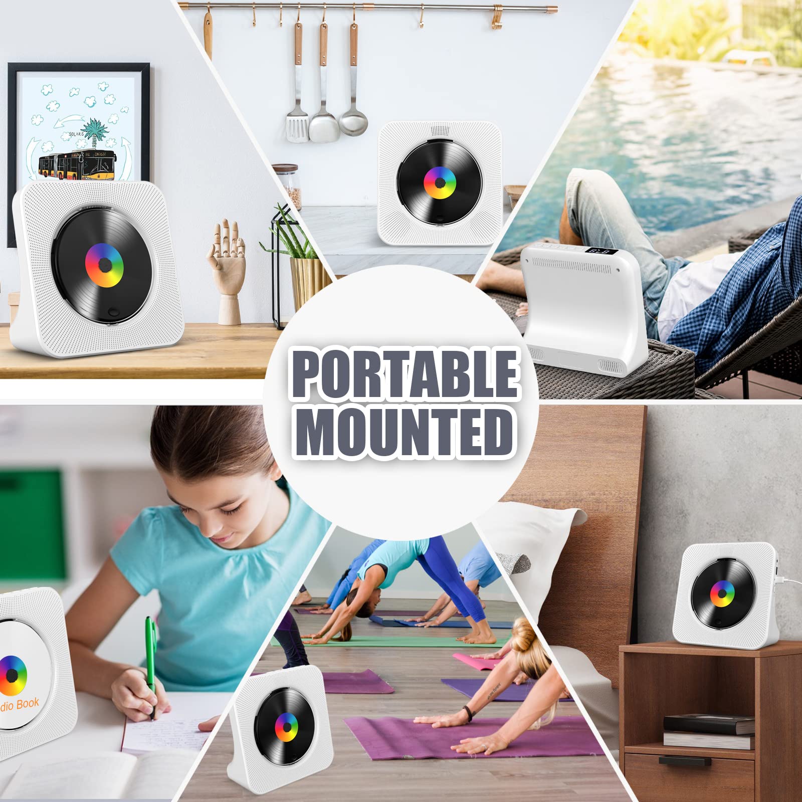 Lecteur CD de Bureau avec Bluetooth Gueray Lecteur CD Mural Haut-parleurs HiFi Intégrés Portables avec écran LED Audio Domestique Boombox Radio FM USB Type-c Lecteur de Musique MP3 (Blanc)