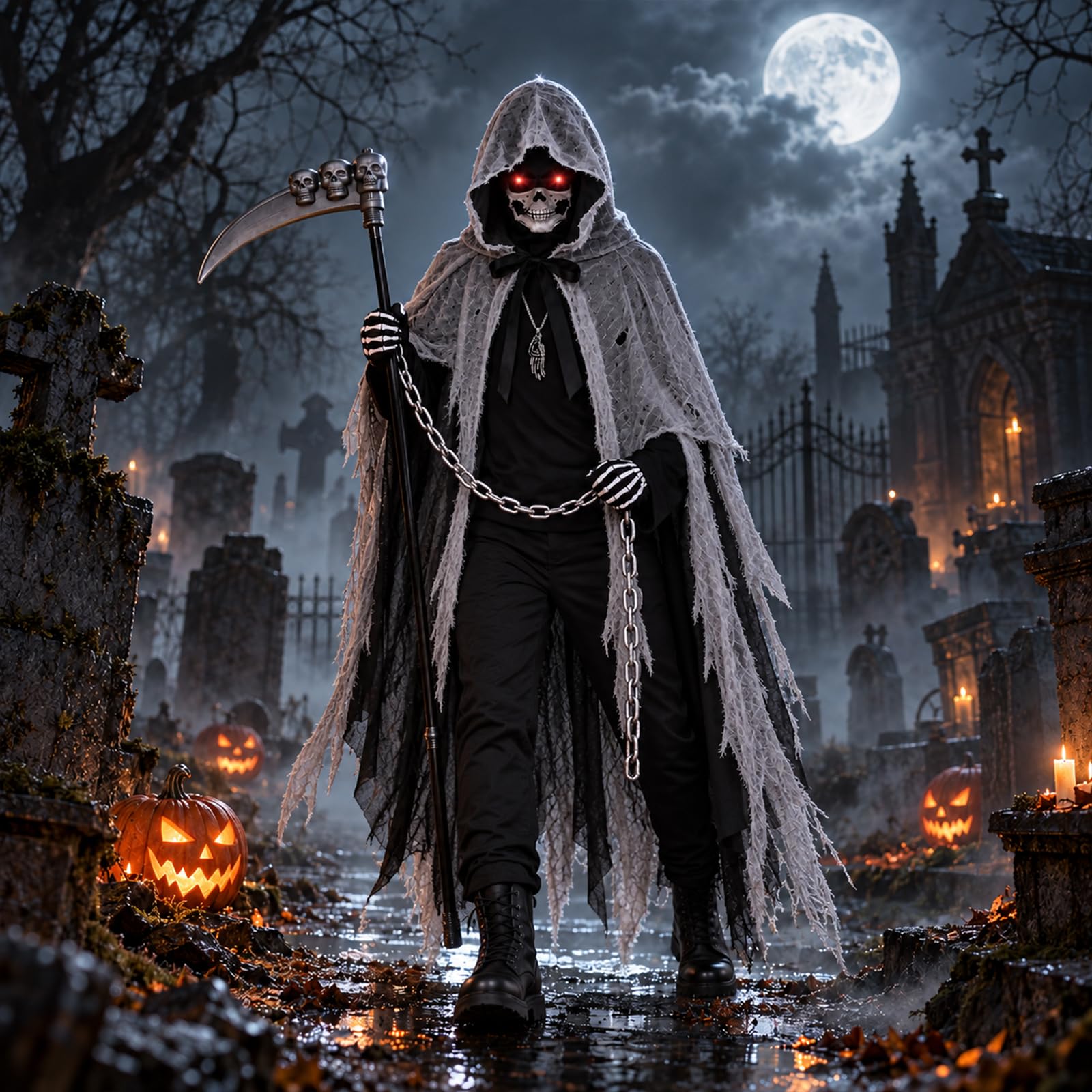 Costume Halloween Bambino Adulti Unisex Vestito Mietitore Pauroso con Falce, Teschio Maschera, Occhiali Luminosi e Guanti Scheletro Capo Nero Grigio con Cappuccio per Cosplay Halloween Carnevale