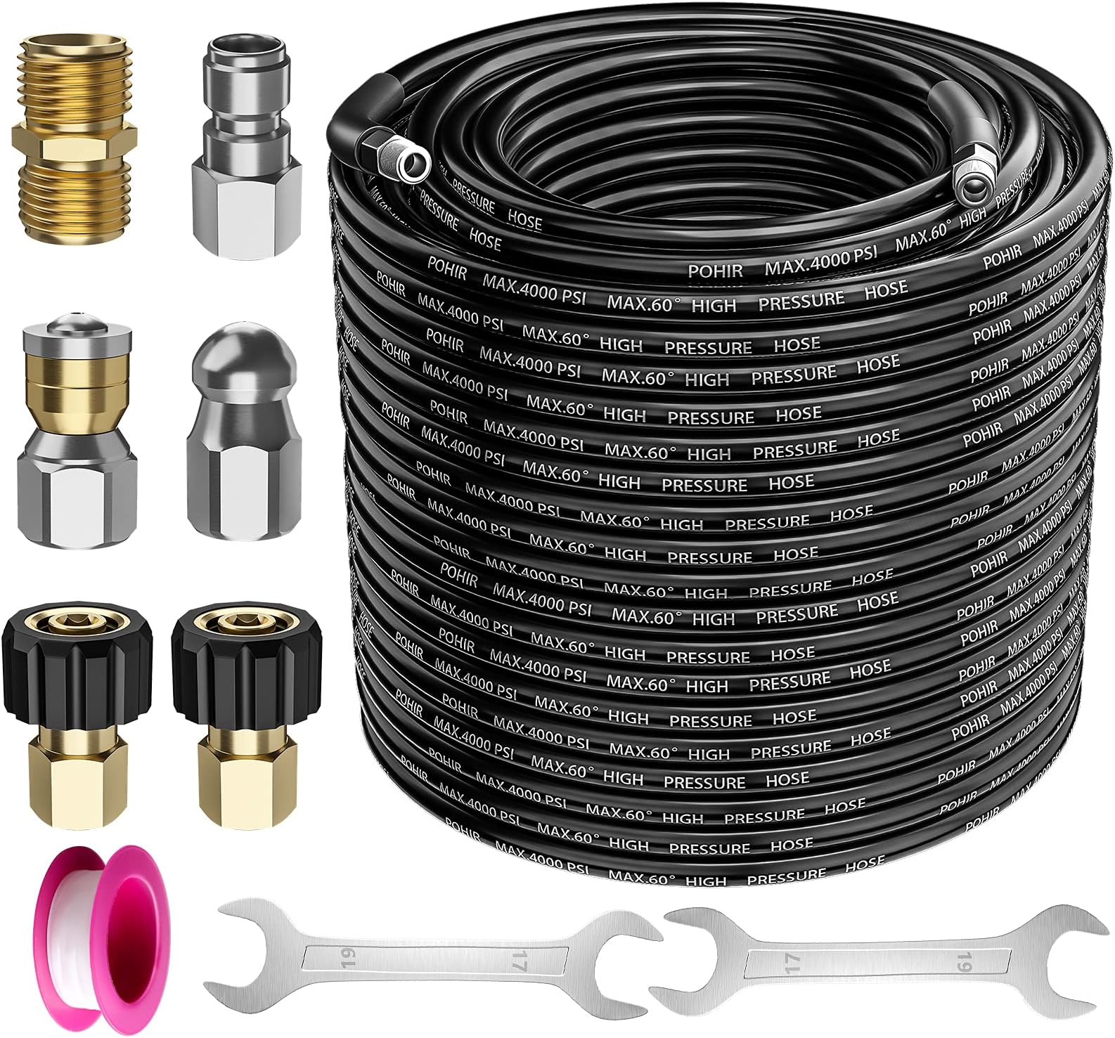 POHIR Sewer Jetter Kit for Pressure Washer 100 ft, Hydro Drain Jetter Cleaner Hose with 1/4 Female NPT, Button Nose, Rotating Sewer Jet Nozzle and Pressure Washer Adapter, 4000 PSI Drain Cleaner Hose
