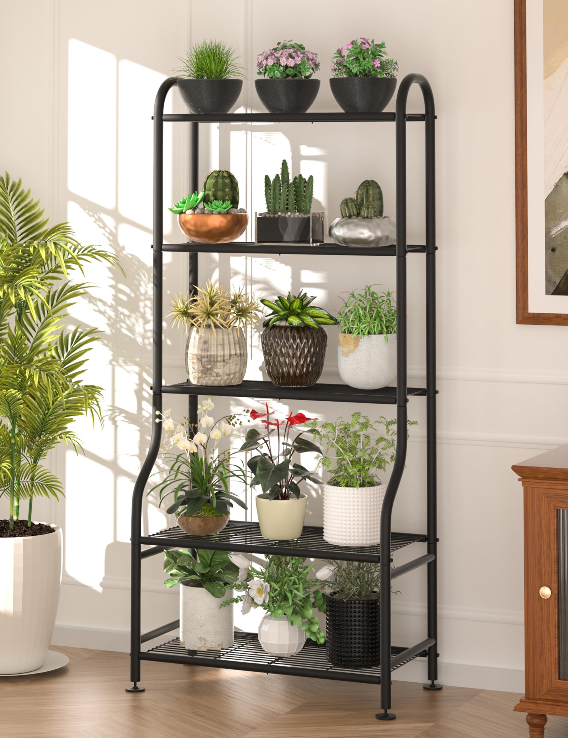 Soporte de metal para plantas de 5 niveles para interiores y exteriores, soporte de flores impermeable para múltiples macetas, soportes de plantas resistentes para sala de estar, patio 5