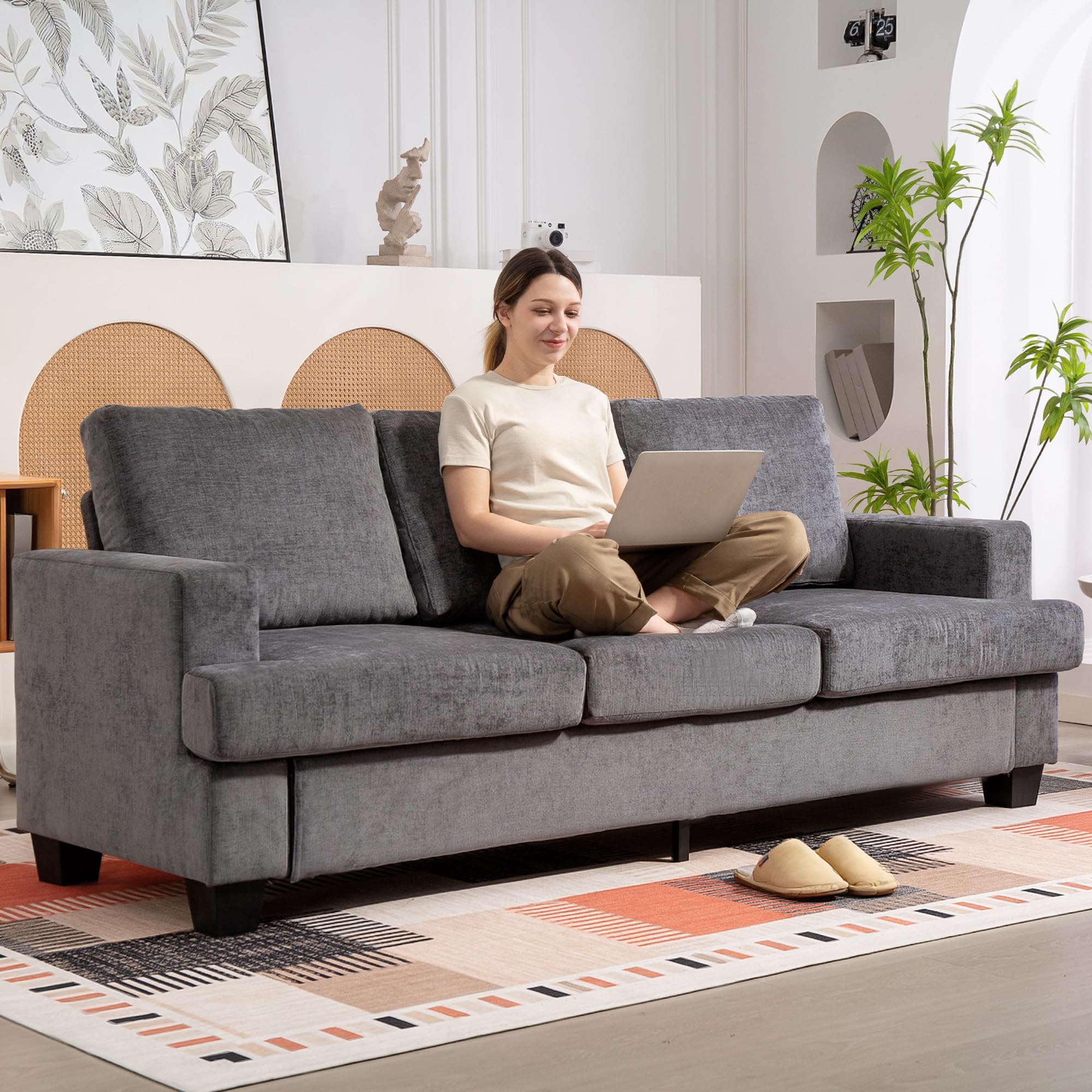 HOMCOM Sofá de 3 Plazas Acolchado Grueso Sofá de Salón 213x82x90 cm Gris | Tapizado en Chenilla, con Estructura de Acero, Diseño Moderno, para Dormitorio Sala de Estar