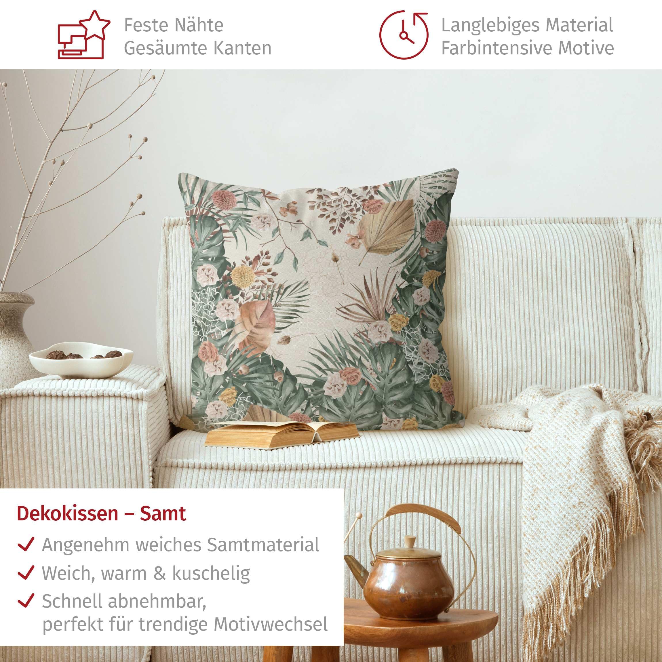 Dekokissen drinnen/Indoor waschbar mit Motiv mit Füllung Zierkissen - Made in Germany - Pflanzen Bezug grün Sofakissen Aquarell Tropisch Indoor Sofa Bett 1049
