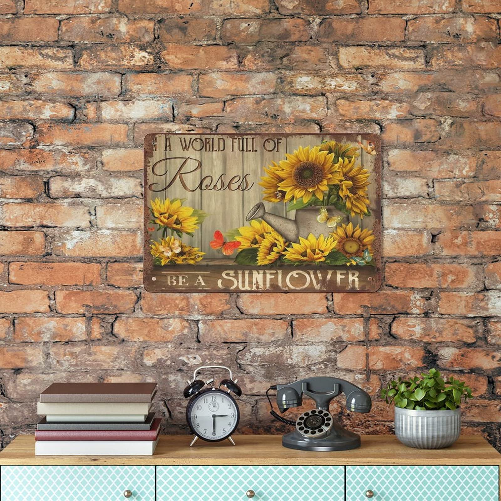 Targa In Latta Vintage 40,6x30,5 Cm Con Scritta 'A World Full Of Roses Be A Sunflower' - Poster Metallico Per Garage, Giardino E Arredamento - 2