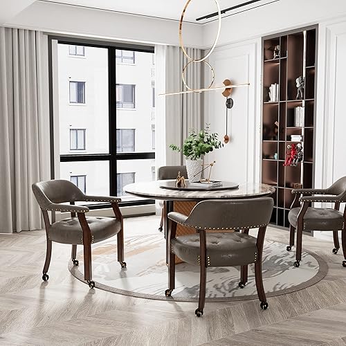 Miniatura 27 de Juego de 4 sillas de cuero de comedor con ruedas y brazos, silla de capitán Accent con ruedas, sillas de madera con ruedas enrollables para cocina y