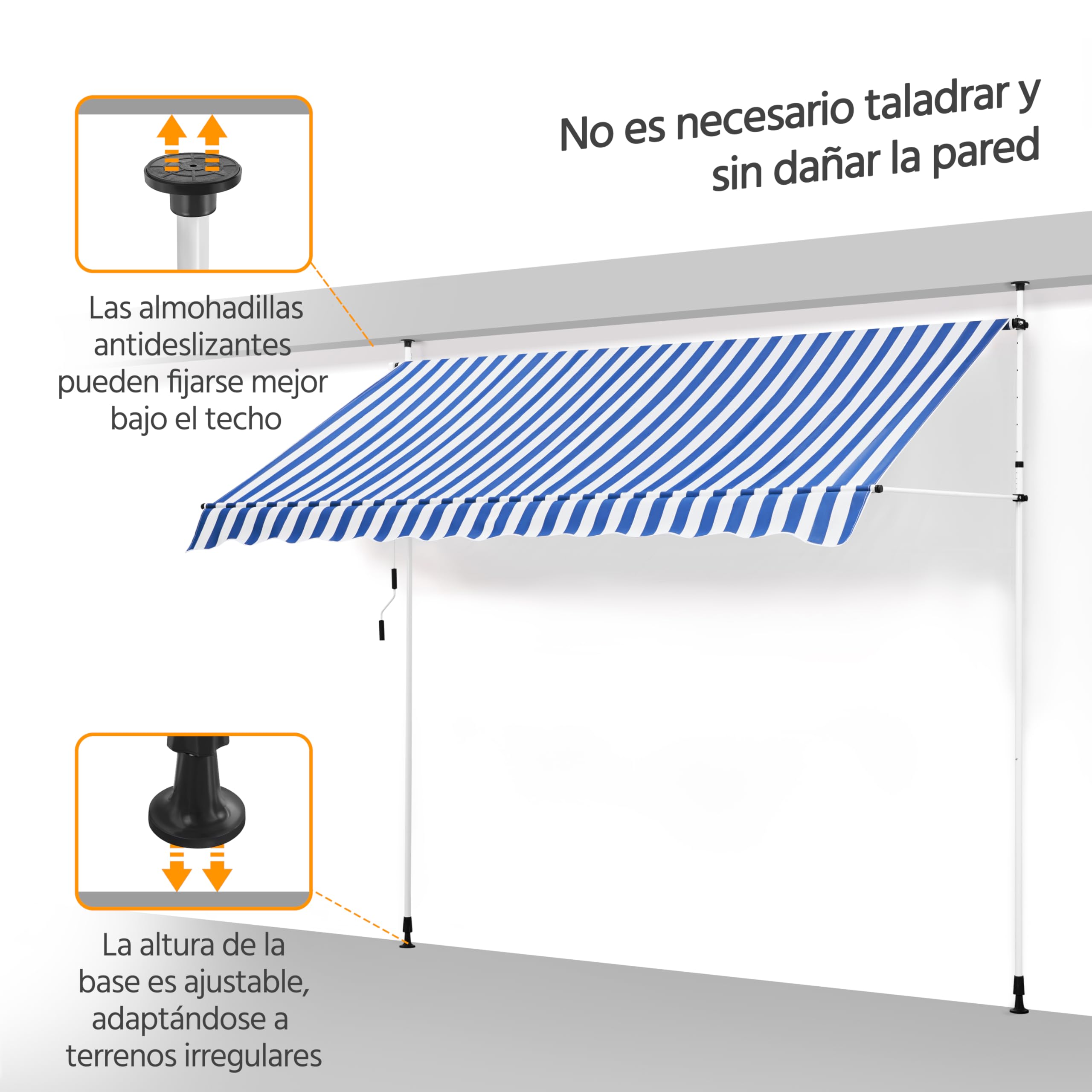 Yaheetech Toldo Manual Retráctil Exterior Toldo Enrollable Exterior Altura Ajustable con Manivela Sin Taladro Resistente a UV Repelente al Agua para Balcón Terraza Patio Jardín 300 cm Azul y Blanco