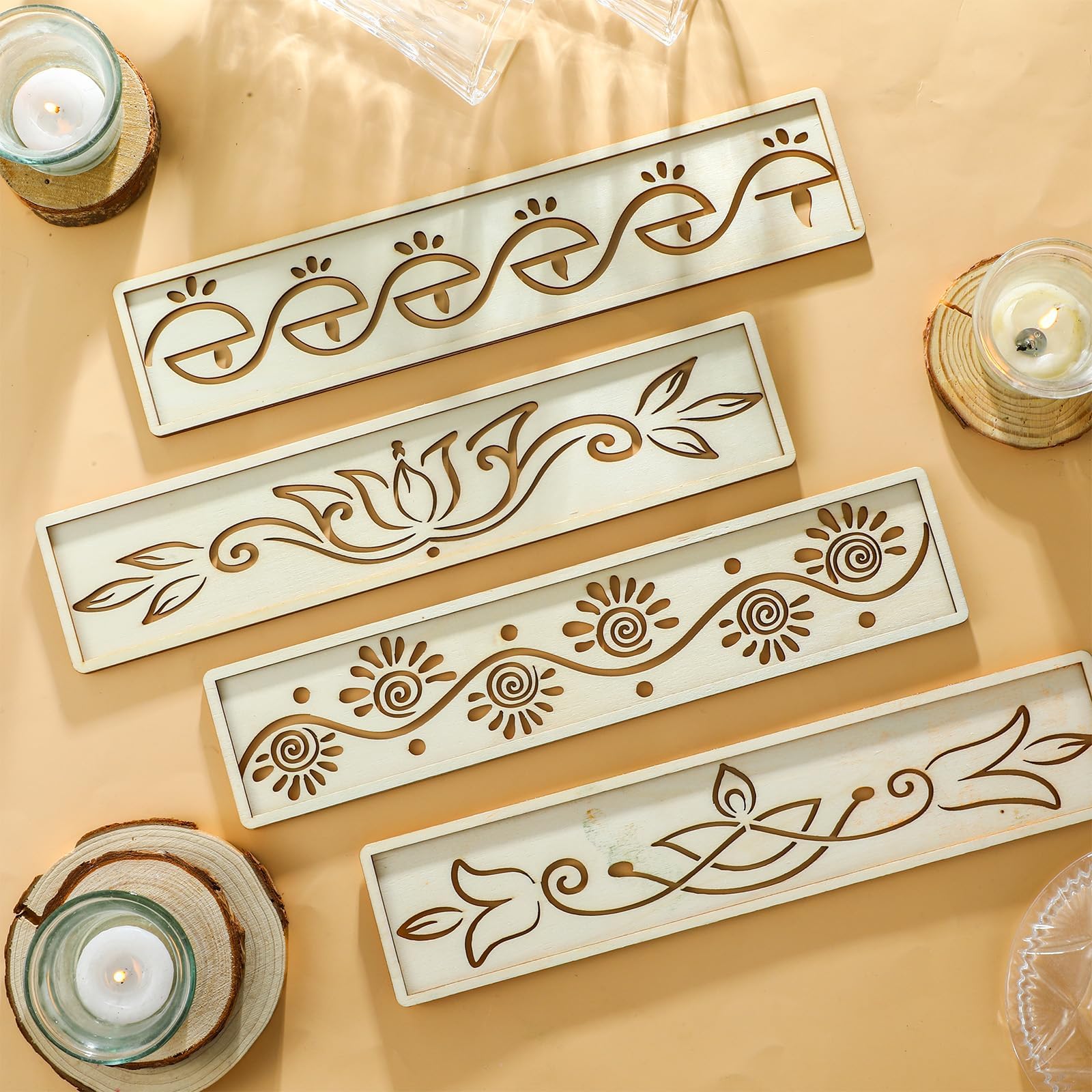 Stencil Rangoli in Legno Set 4 Pezzi Modelli Decorativi Mandala Fiori Riutilizzabili per Pittura Decorazione Pavimento