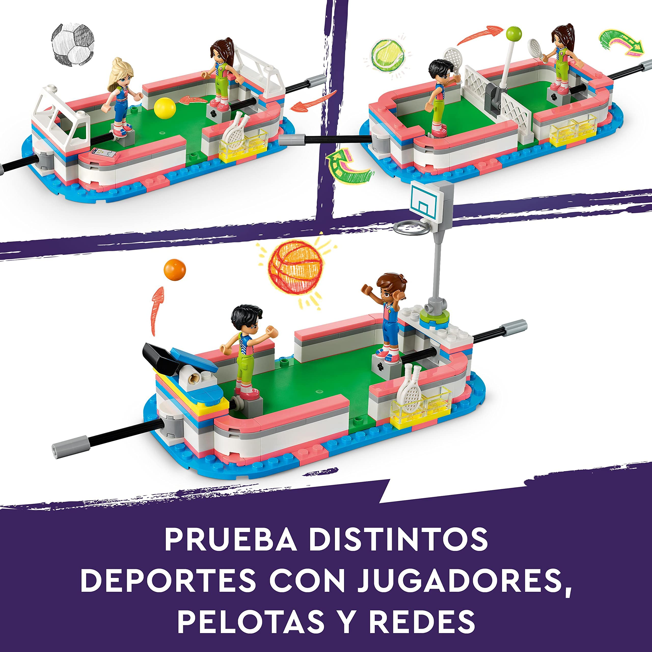 LEGO Friends Centro Deportivo con Juegos de Fútbol, Baloncesto, Tennis y Muro de Escalada, 4 Mini Muñecas, Regalos y Juguetes de Heartlake City para Niñas y Niños de 8 Años o Más 41744