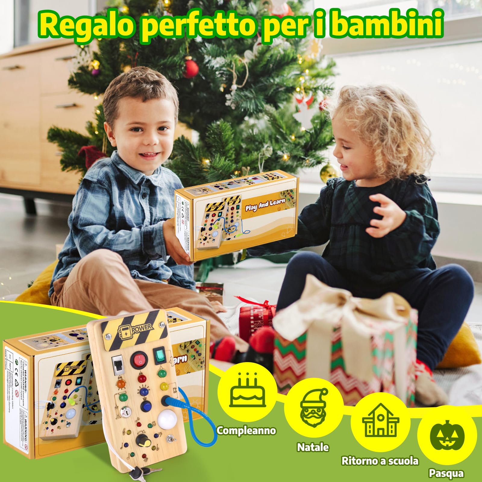 Giochi Bambini 1 Anno Montessori Busy Board Gioco Bambino Regalo Bambino 1 2 3 Anni Lavagna Montessori Sensoriale con Interruttore Luminoso a LED in Legno attività Educative Giocattoli da Viaggio