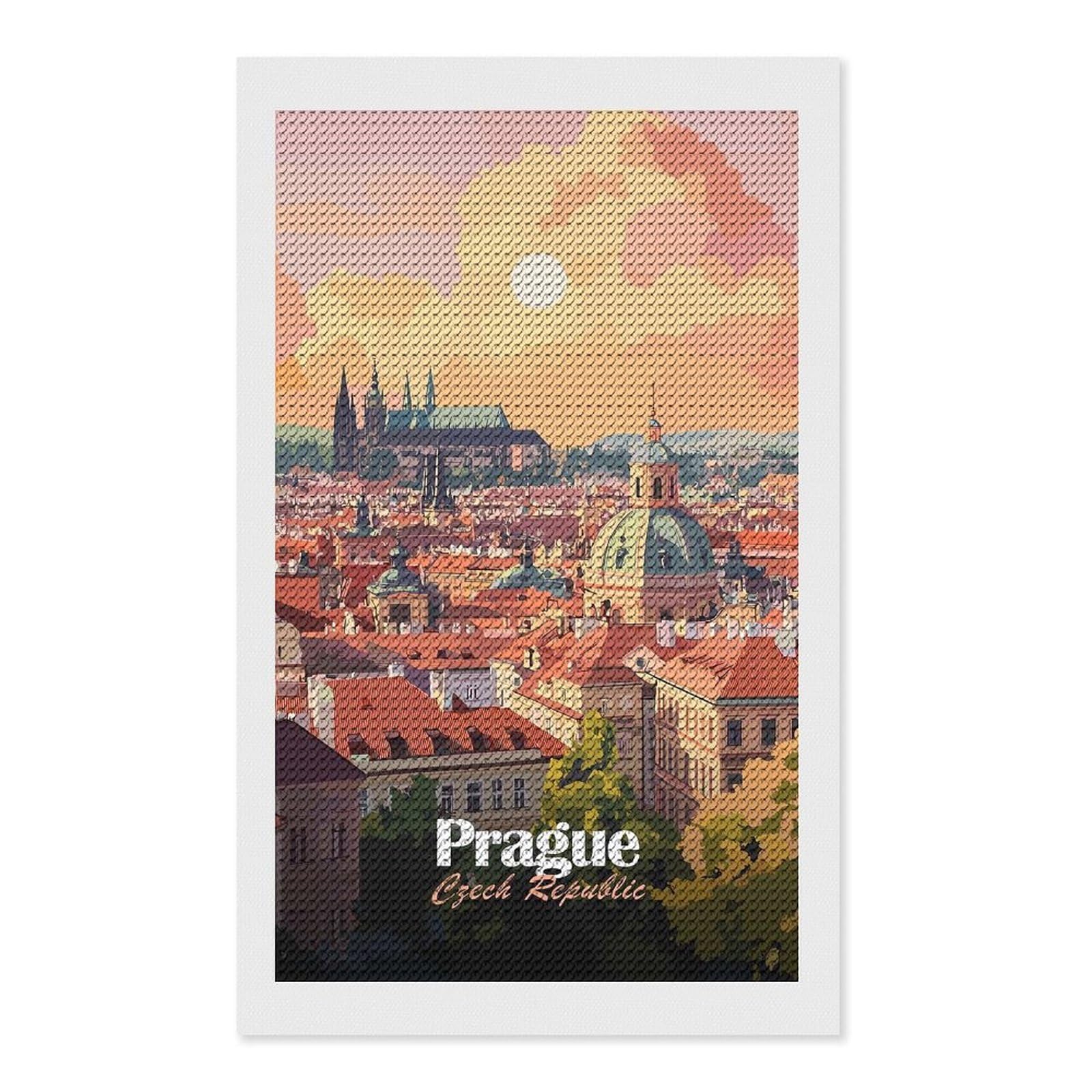 Junmoney Prague Cityscape Sunset Diamond Painting Canvas Set 12"x20", for Adults, Bedroom Decor, Good for Quiet Evenings, Festive Craft Gift