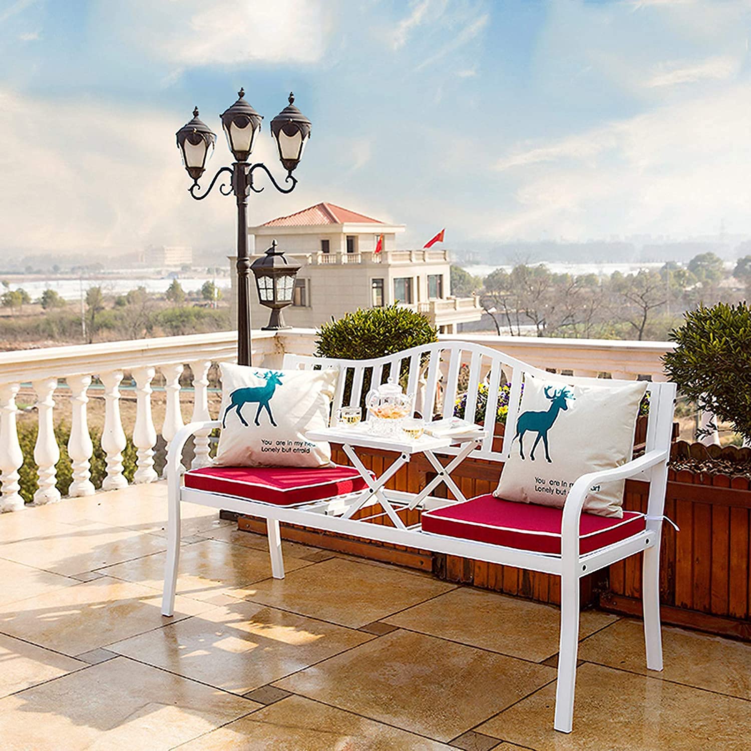 Ogrodowa ławka na patio z wysuwanym środkowym stołem, podwójne siedzenie, stalowa ławka na podwórko i ogród, rekreacja, 150 x 60 x 85 cm, idealna do relaksu na świeżym powietrzu