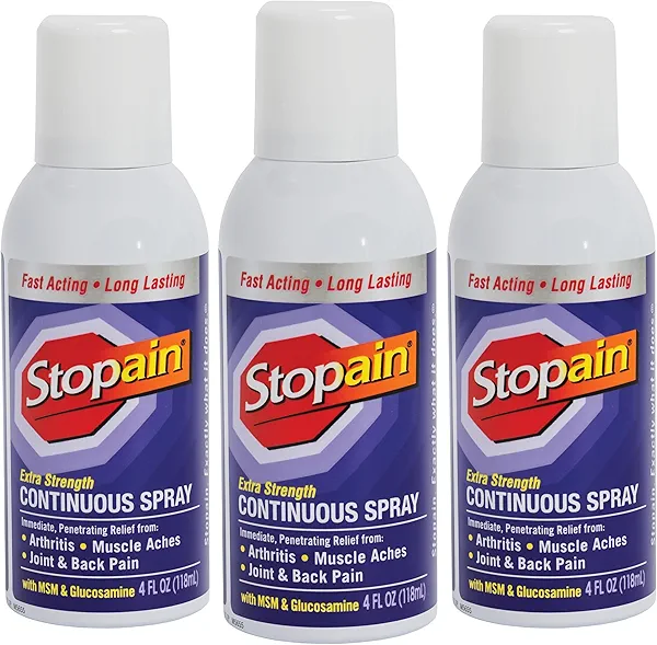 Stopain Pain Relief Spray, 4oz (3 Pack) USA Made, Max Strength Fast Acting with MSM, Glucosamine, Menthol for Arthritis, Lower Back, Knee, Neck, HSA FSA Approved Topical Analgesic Products