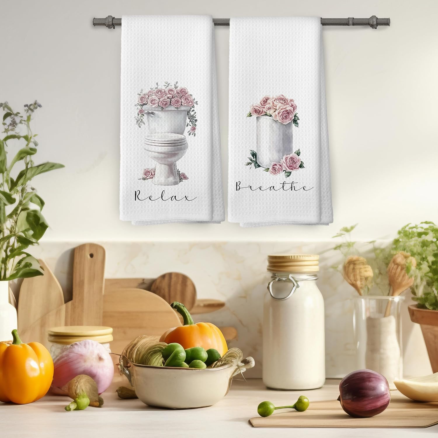 Rose Floral Bathroom Hand Towels, Cottagecore Floral Hand Towel for Bathroom Decor, Relax Breathe Farmhouse Flower Botanical Decorative Towels for Washroom Toilet 16x24 Inch Set of 2 - Image 4