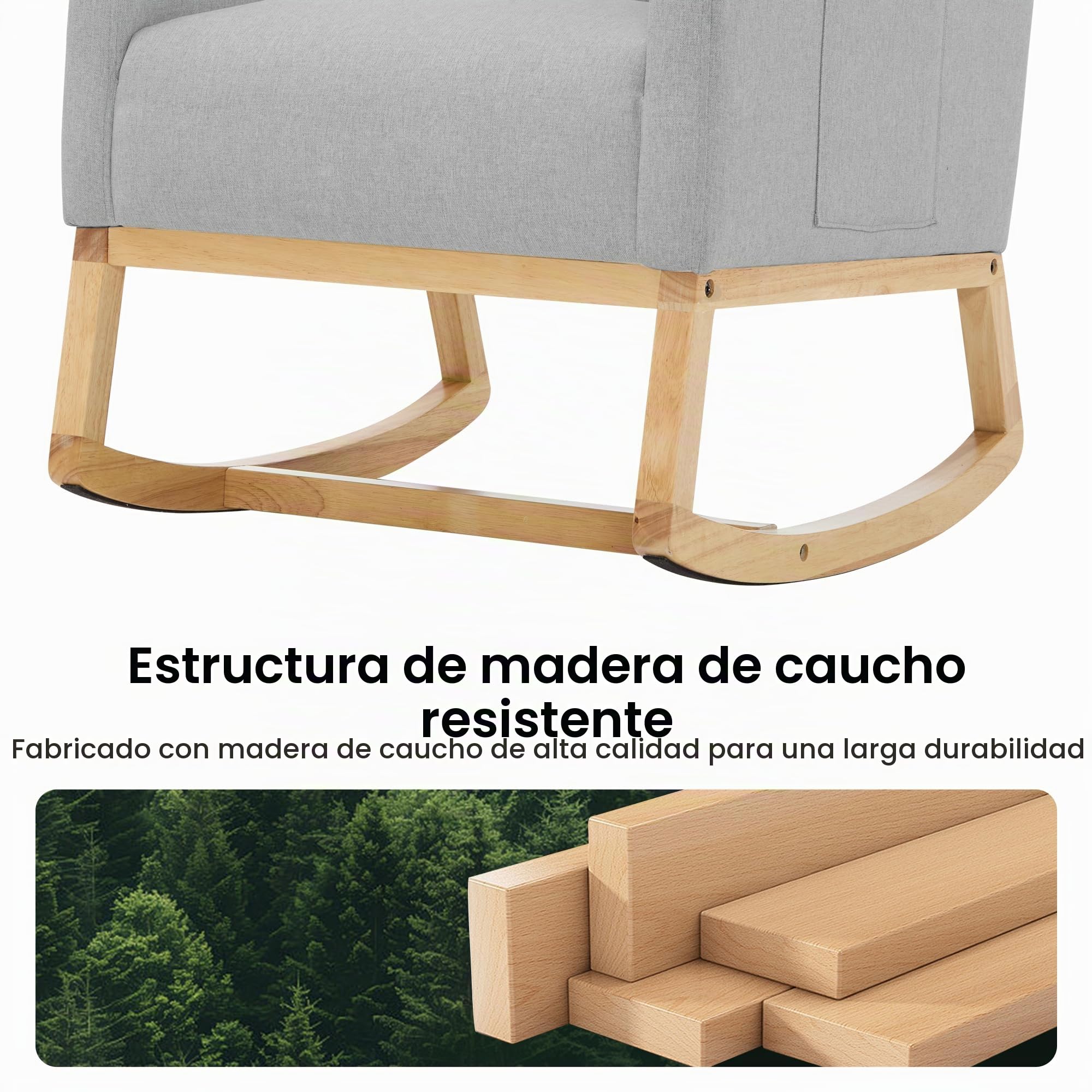 Mecedora para Lactancia, Respaldo Alto, de Lino, para Adultos, con Bolsillos Laterales y Base de Madera para Sala de Estar, Dormitorio, Color Gris Claro