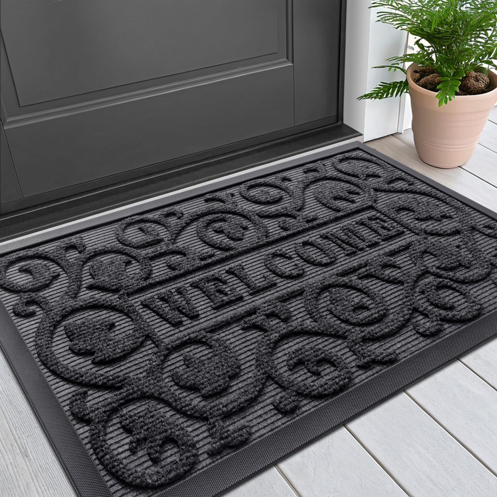 Smiry Welcome Door Mat Outside Entrance, Heavy Duty Trap Dirt and Moisture Easy Clean Low Profile Patio Porch Indoor Outdoor Front Doormat for Entry,